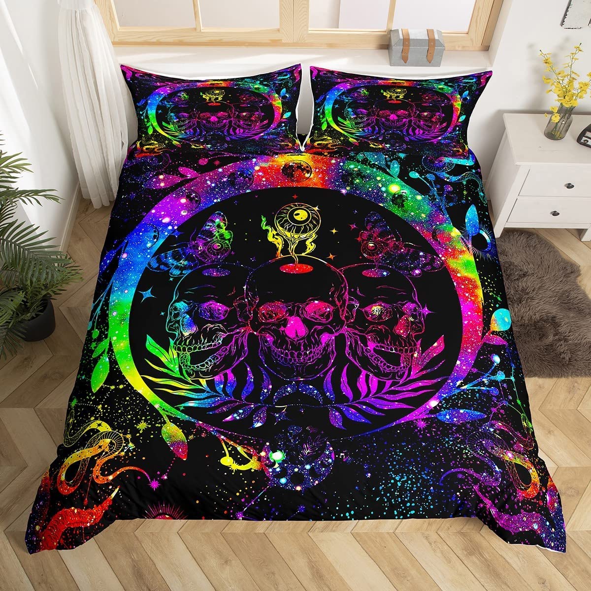 Homewish Boys Multi 14 Rainbow Tie Dye Comforter Cover Boho Death Skull Duvet Cover Trippy Galaxy Bedding Set King Watercolor Moon Phase Bedding Constellations Zodiac Quilt Cover Microfiber Bed Cover