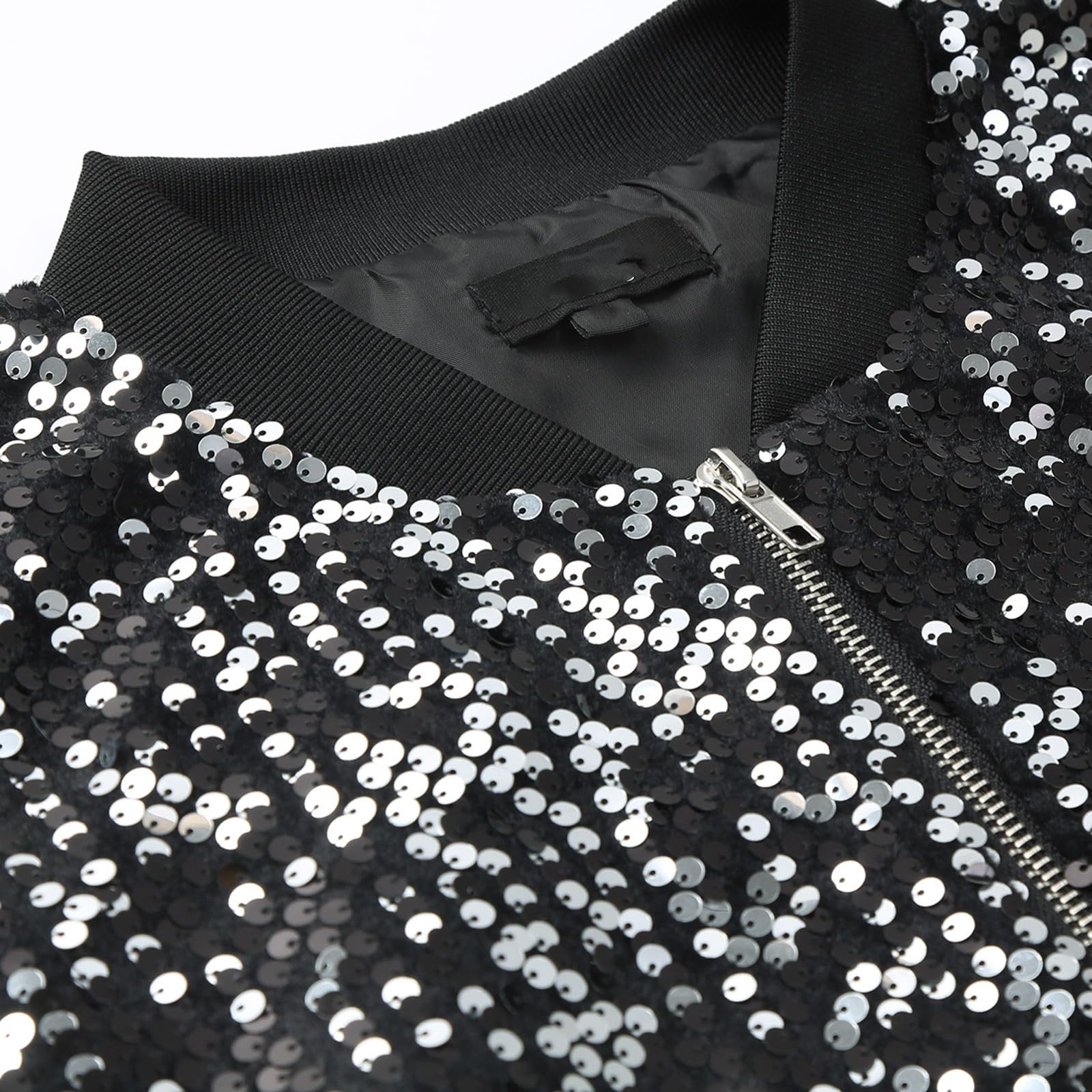 Veste Bomber Paillettes Baseball Homme 70 discothèque fête des années Brillant Pilote Sequins métallisées années Baseball Carnaval Costume homme Blazer paillettes Coupe ajustée Noir doré carnaval