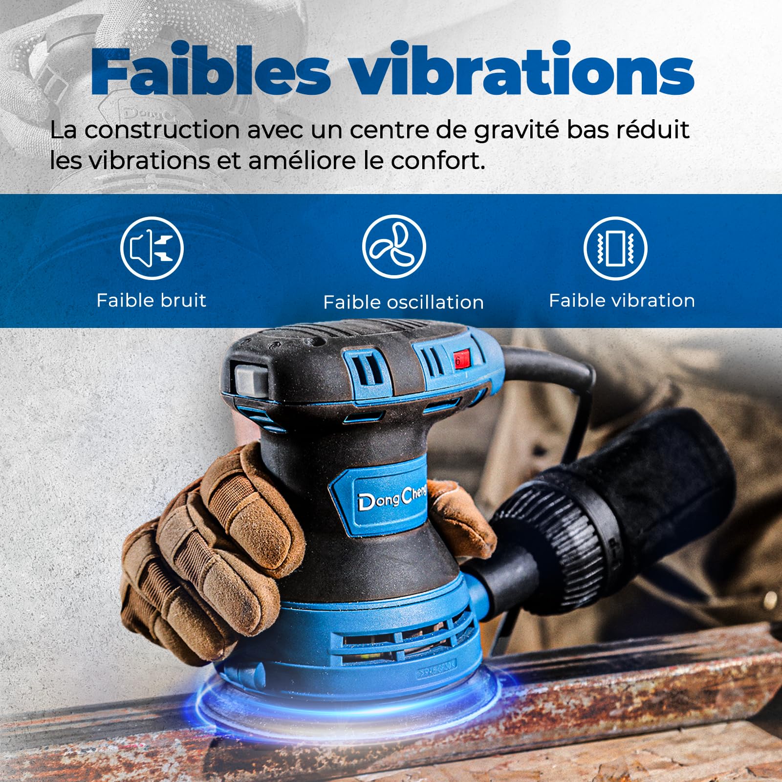 DongCheng Ponceuse excentrique 300 W, 125 mm, 6 vitesses, 4000-12000 tr/min avec dépoussiéreur et 10 types de papier de verre, Ponceuse orbitale aléatoire, idéale pour les travaux de bricolage