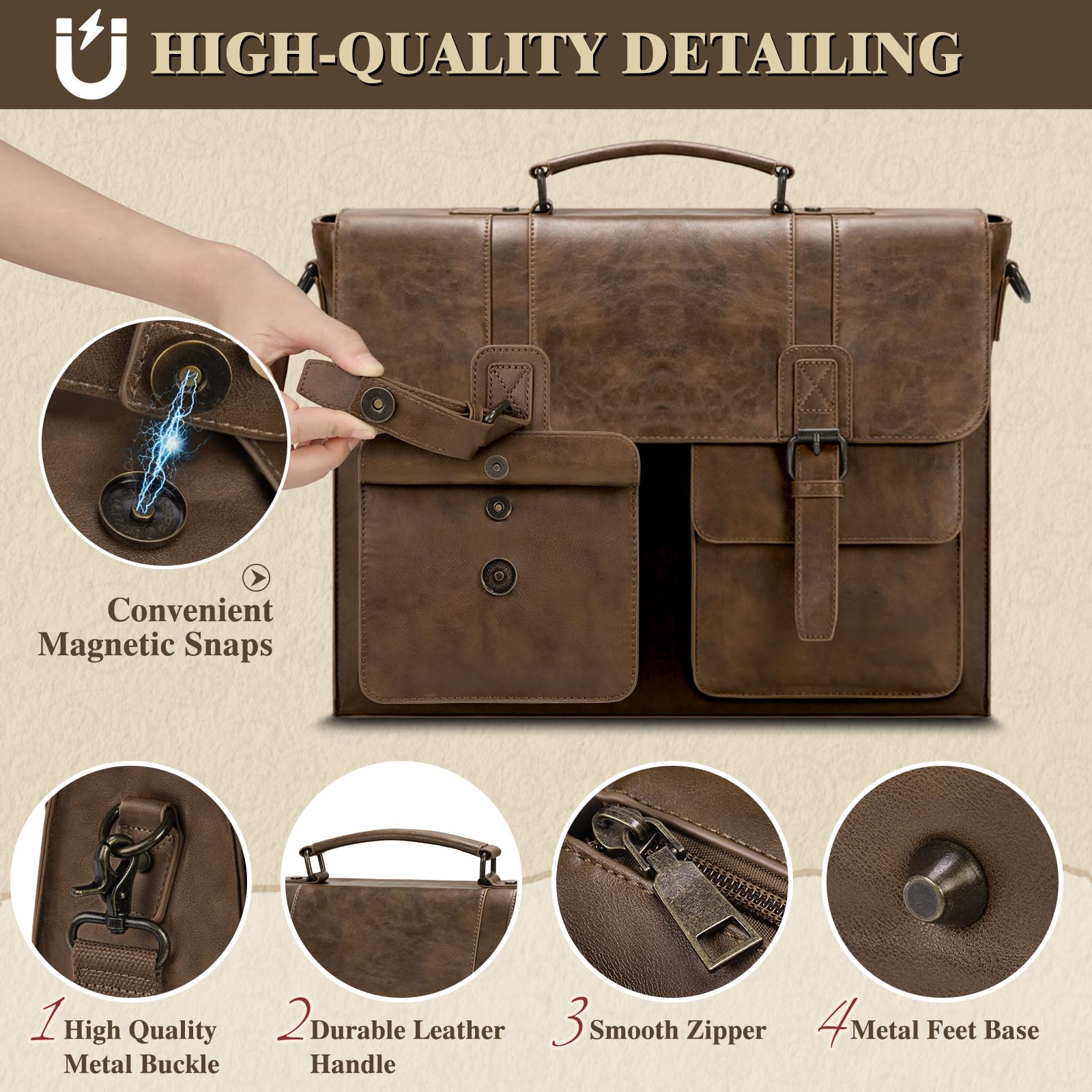 RAINSMORE Aktentasche Herren PU Leder Laptoptasche 15.6 Zoll Messenger Bag Umhängetasche Business Büro DunkelBraun
