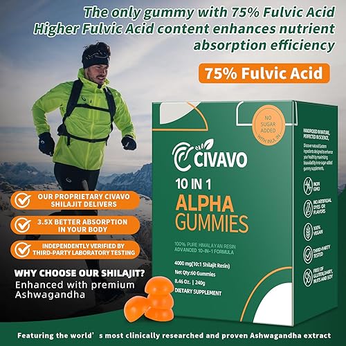 Miniatura 2 de Gomitas Alpha Shilajit 10 en 1 de 4000 mg, sin azúcar añadida, Ashwagandha, Gokshura, 75% + ácido fúlvico y más de 85 oligominerales, para hombres y