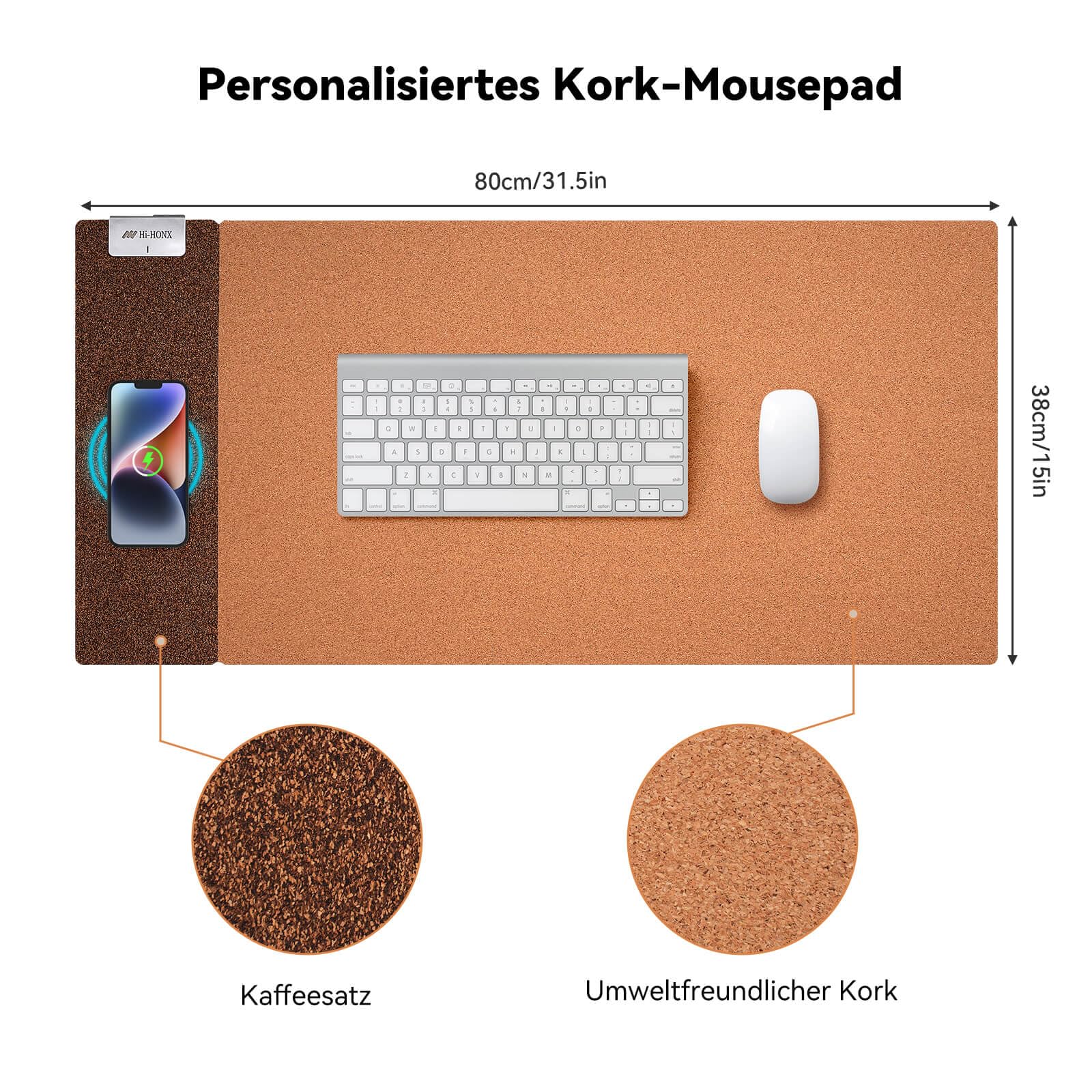 3-in-1 Kork-Unterlage mit Qi-Schnelladung, wasserfester & beidseitiger Oberfläche. Ideal für Büro, Homeoffice und als Schminktisch-Schutz. Kompatibel mit iPhone, Samsung, AirPods