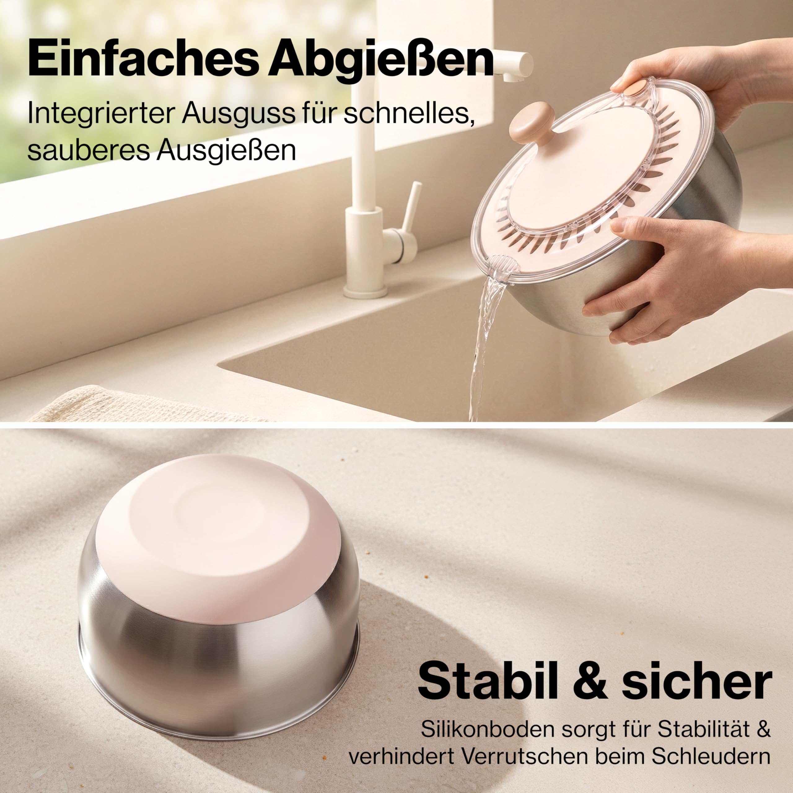 EDELHAUS Salatschleuder Edelstahl 4,5L – Salad Spinner mit Stopp-Taste, Ausgießer & Kurbel | Salatschüssel mit rutschfestem Boden | BPA-frei Salatschleuder mit Deckel | Spülmaschinengeeignet