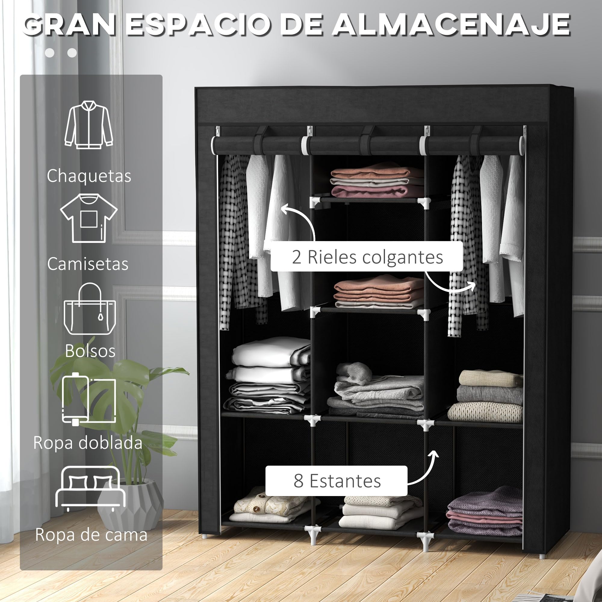 HOMCOM Armario de Tela Plegable, Armario Portátil con 2 Barras para Colgar, 8 Estantes, Marco de Acero, para Dormitorio, Vestidor, 125x43x162,5 cm, Negro