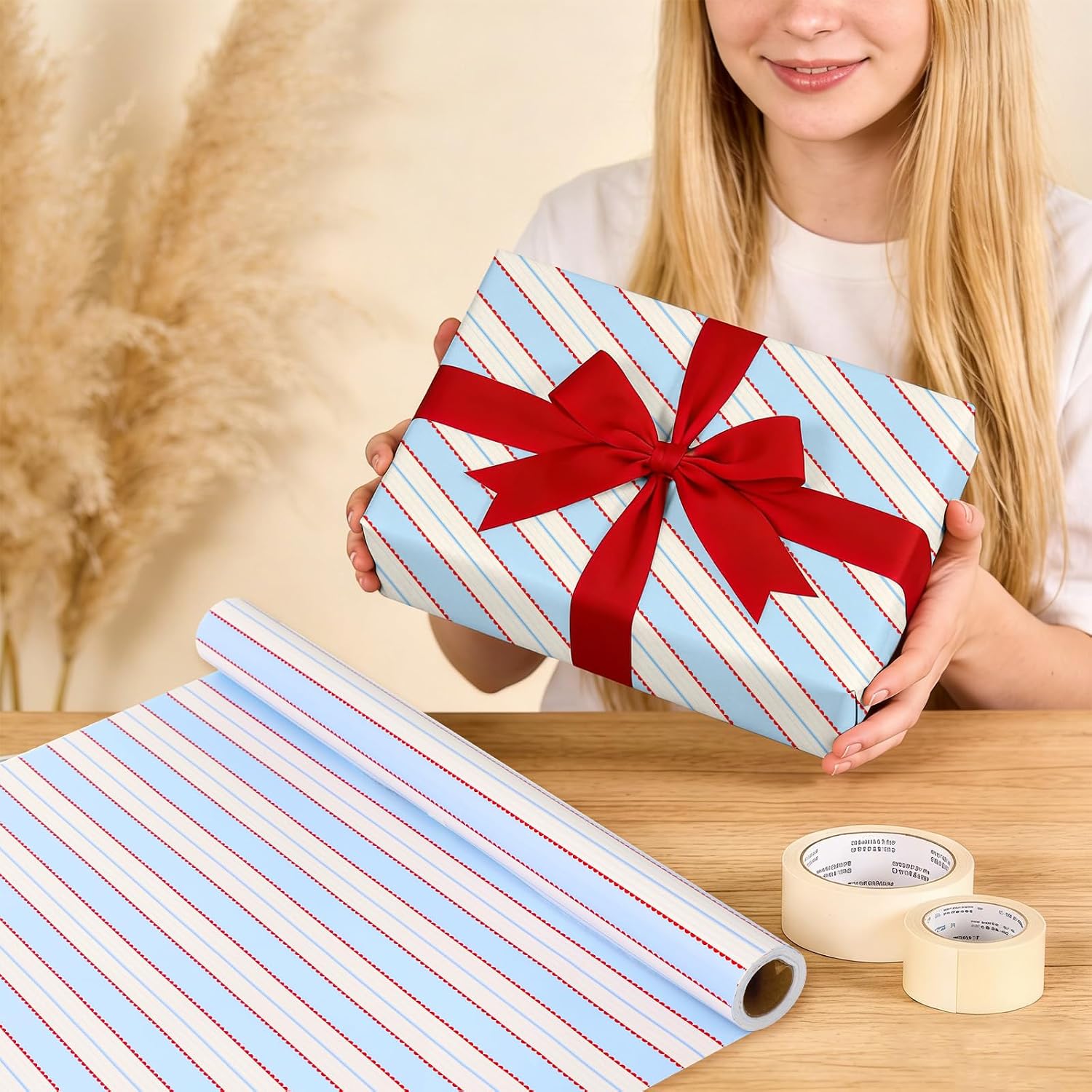 JarThenaAMCS Scalloped Stripe Wrapping Paper - Mini Roll - 17 In x 32.8 Ft Blue Beige Red Americana Striped Gift Wrap Paper for Summer Nautical Birthday Beach Party Coastal Decor