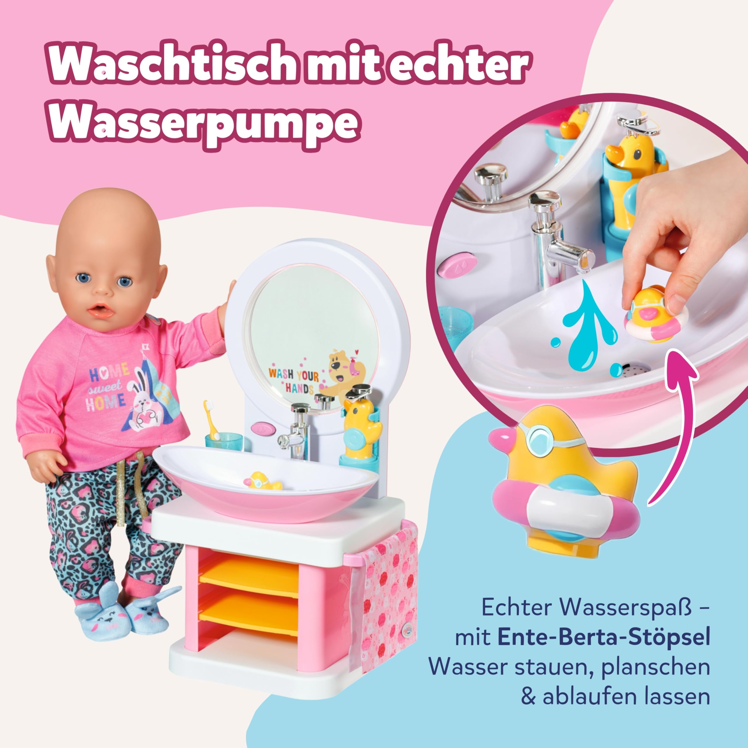 BABY Born Waschtisch - Interaktiver Puppenwaschtisch mit Licht- & Soundfunktion - Hochwertiges Puppenzubehör - Inkl. Zahnbürste, Zahnputzbecher, Seifenspender & Handtuch