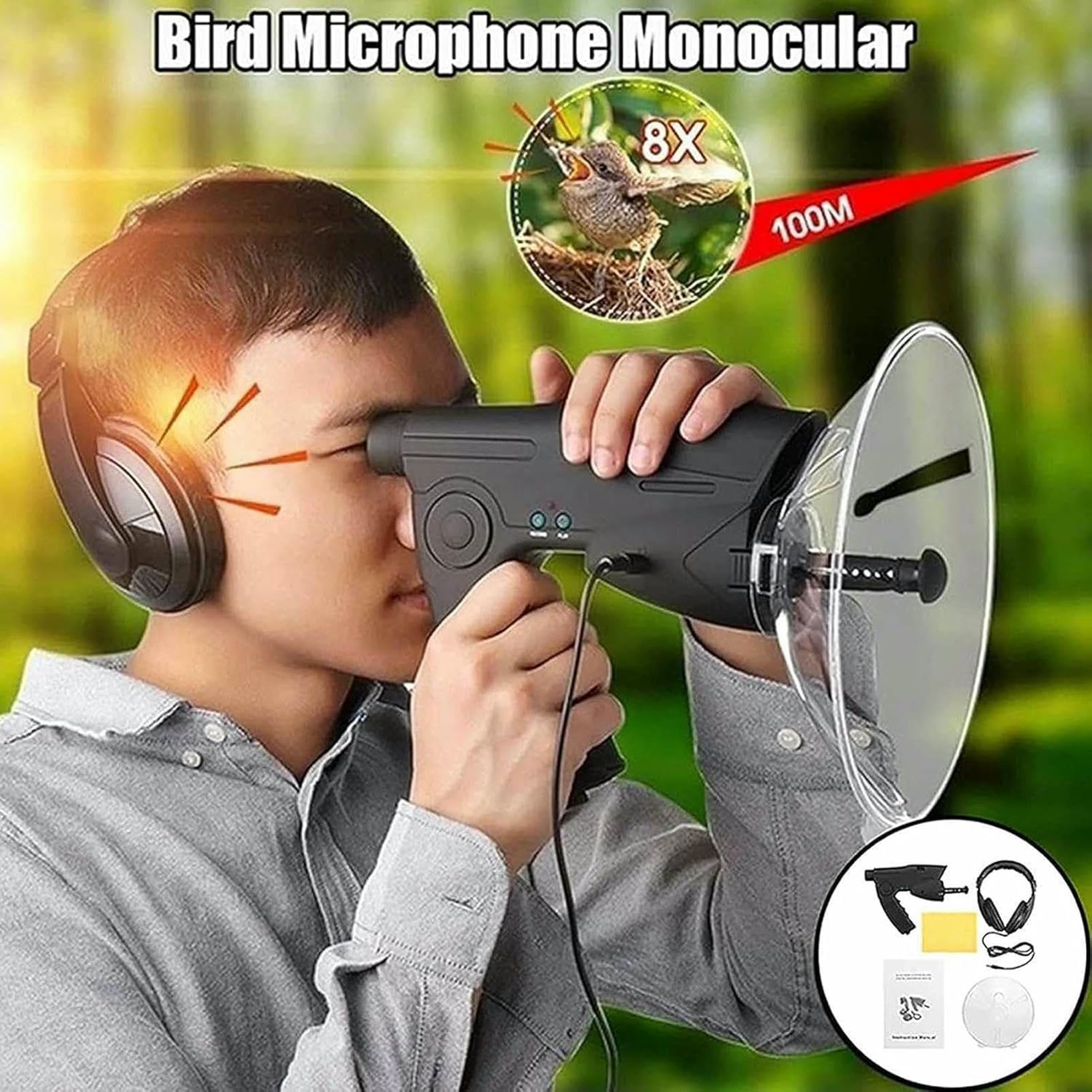 Mikrofon Paraboliczny Bionic Ear, Bionic Ear Elektroniczne Urządzenie Słuchowe Urządzenie Cyfrowe, Monocular 8X Times Long Distance Hearing (Słuchawki Wliczone)