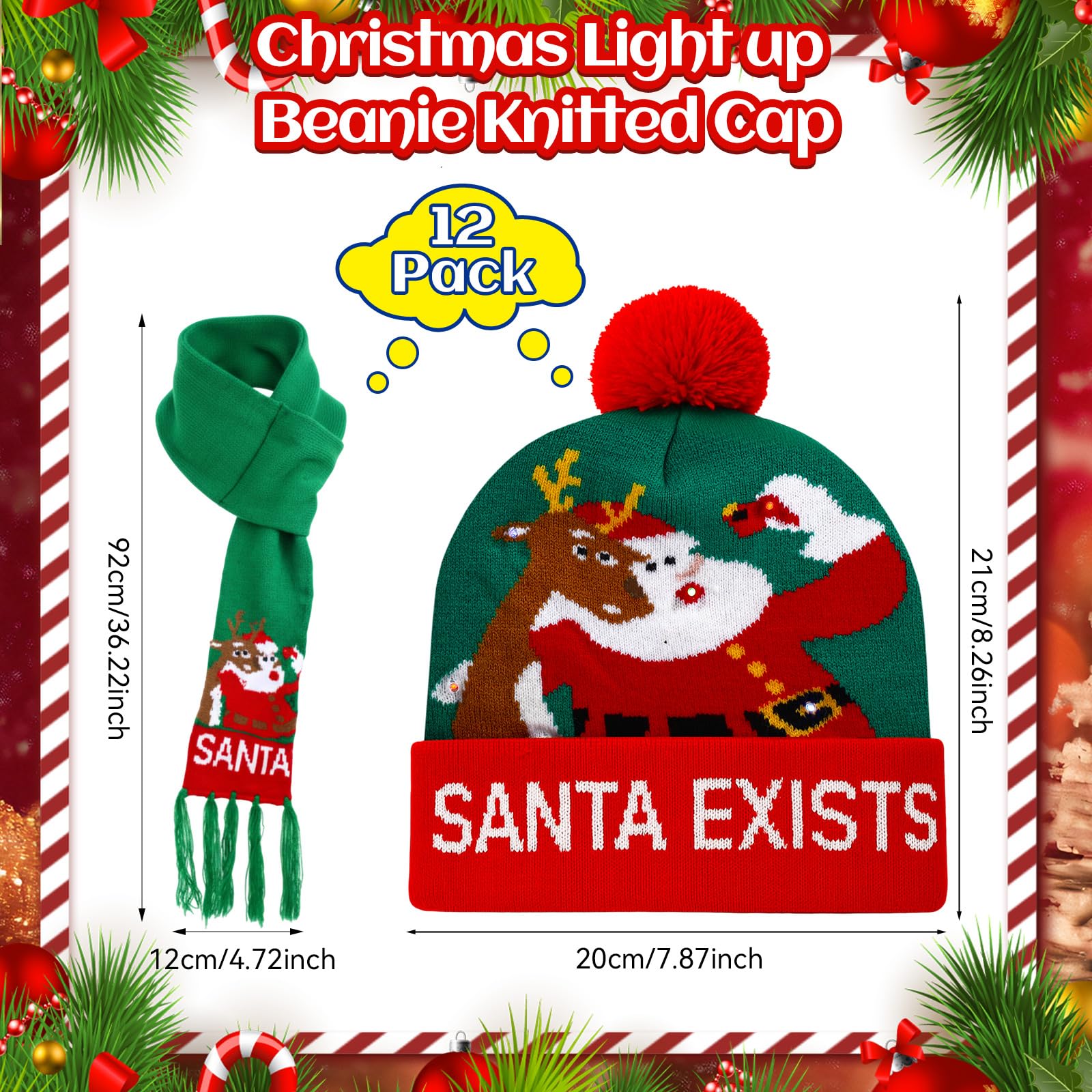 Twistover Weihnachtliches LED-Schal und Beanie-Set inklusive leuchtender Mütze, bunte LED-Weihnachtsmütze, Urlaubs-Schal für Erwachsene und Kinder