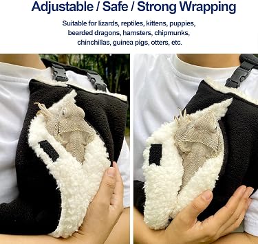 Adjustable Fluffy Bearded Dragon Sling Carrier Bag, Reptile Carrier with Leash Harness Lizard Cage Accessories for Small Animal, Ferrets, Squirrel, Hamsters,Parrot (Black)