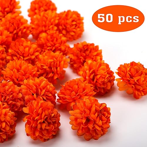 Miniatura 3 de Cabezas de flores de caléndula a granel, 50 cabezas de flores artificiales para guirnaldas y manualidades, flores falsas de caléndula de seda para