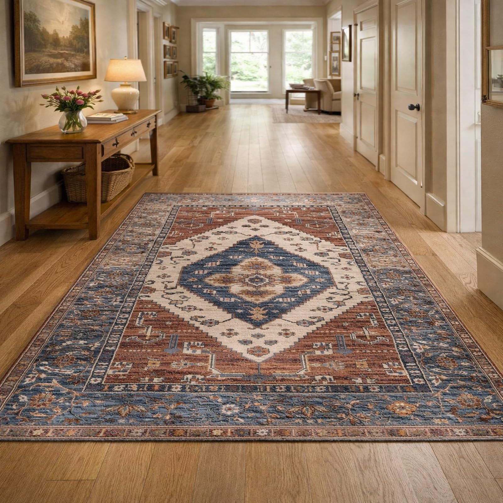 Tapis de décoration floral haut de gamme 120 x 200 cm aux finitions soignées bleu et or