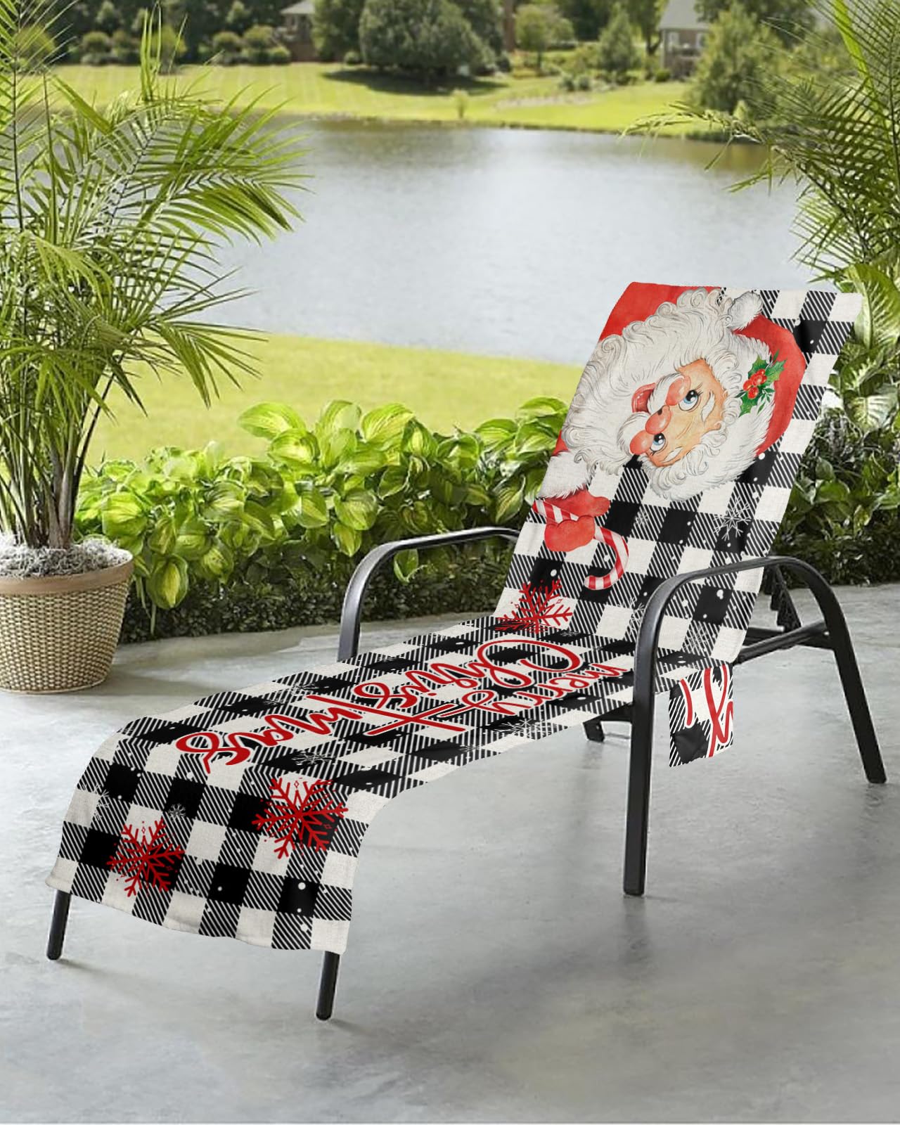 Christmas Santa Beach Chair Towel Covers for Chaise Lounge with Side Pocket, Soft Plush Pool Towels Cover for Patio Sunbathing Outdoor 29''x85'' Winter Snowflake Buffalo Plaid Black