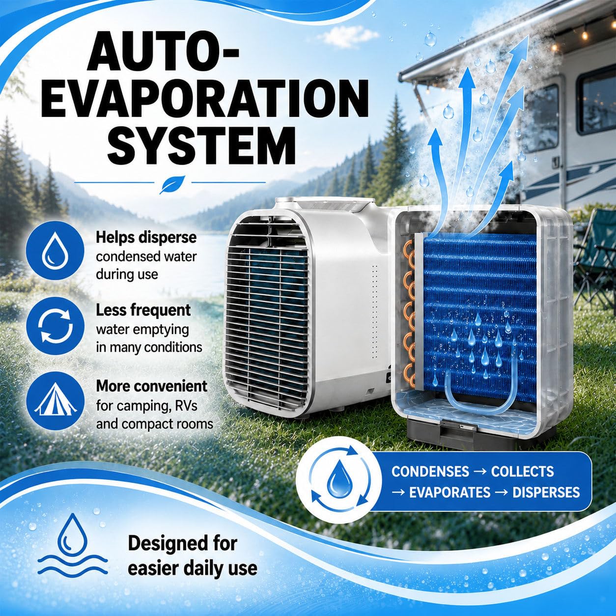 Klimatyzacja Przenośna Camping 5100 BTU | Klimatyzator Mobilny do Namiotu | Idealny do namiotów i domków dla zwierząt,cichy schładzacz 4w1,programator czasowy 12H,zakres temperatur 16-32°C — EU V1pro