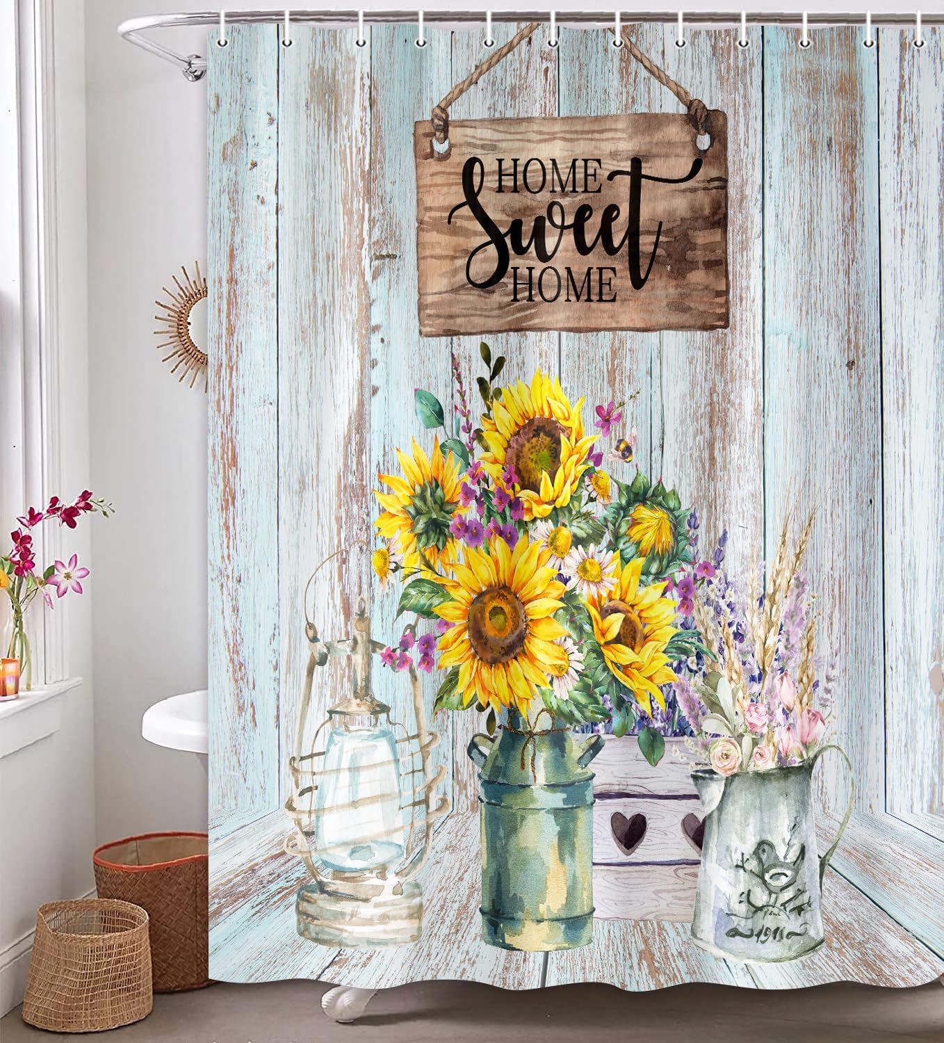 Rustic Farmhouse Floral Shower Curtain, Sunflower Shower Curtain Set for Bathroom, Teal Wooden Barn Board Fabric Shower Curtain Restroom Bathtub Decor Accessories with Hooks 72X 84 inch