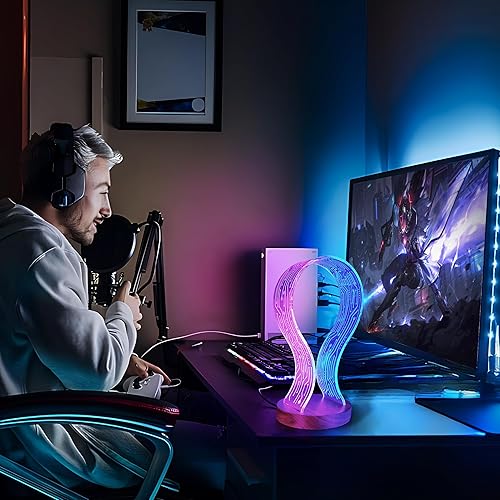 Miniatura 5 de Lampeez Soporte para auriculares con luz nocturna LED azul y rosa, madera de nogal para jugadores, amantes de la música, idea de regalo