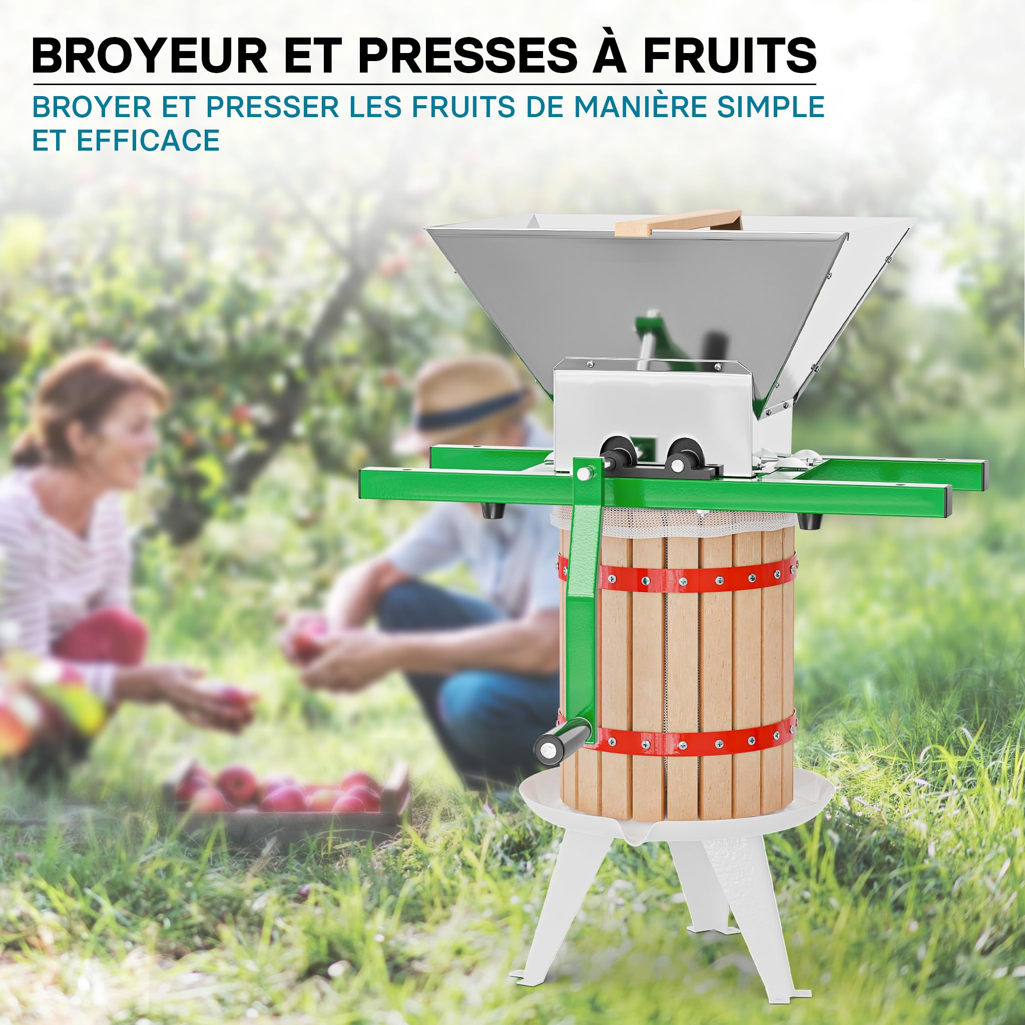 WilTec Kit Presse et Broyeur à Fruits – capacité 7 L / 18 L – avec Entonnoir en Acier, Panier en hêtre et Torchon Sac de filtrage – Pressoir Manuel pour Moût de Pomme Poire Raisins Baies – Vin Cidre