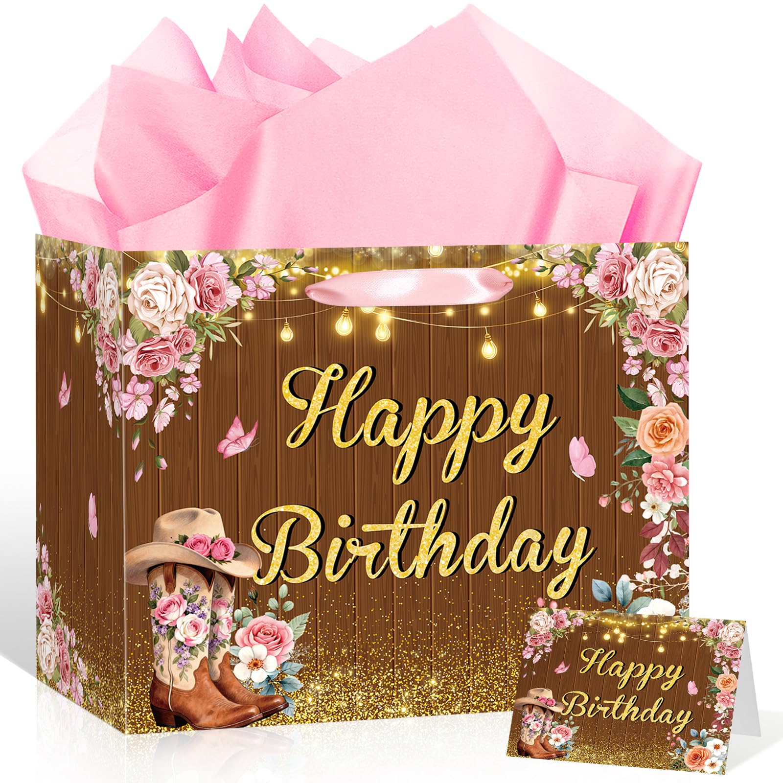 LUUFILx Cowgirl Birthday Gift Bag with Tissue Paper and Greeting Card Rustic Western Floral Gift Bag with Pink Roses & Cowgirl Boots Large Wood Design Paper Wrap Bag for Women Girls Party Supplies