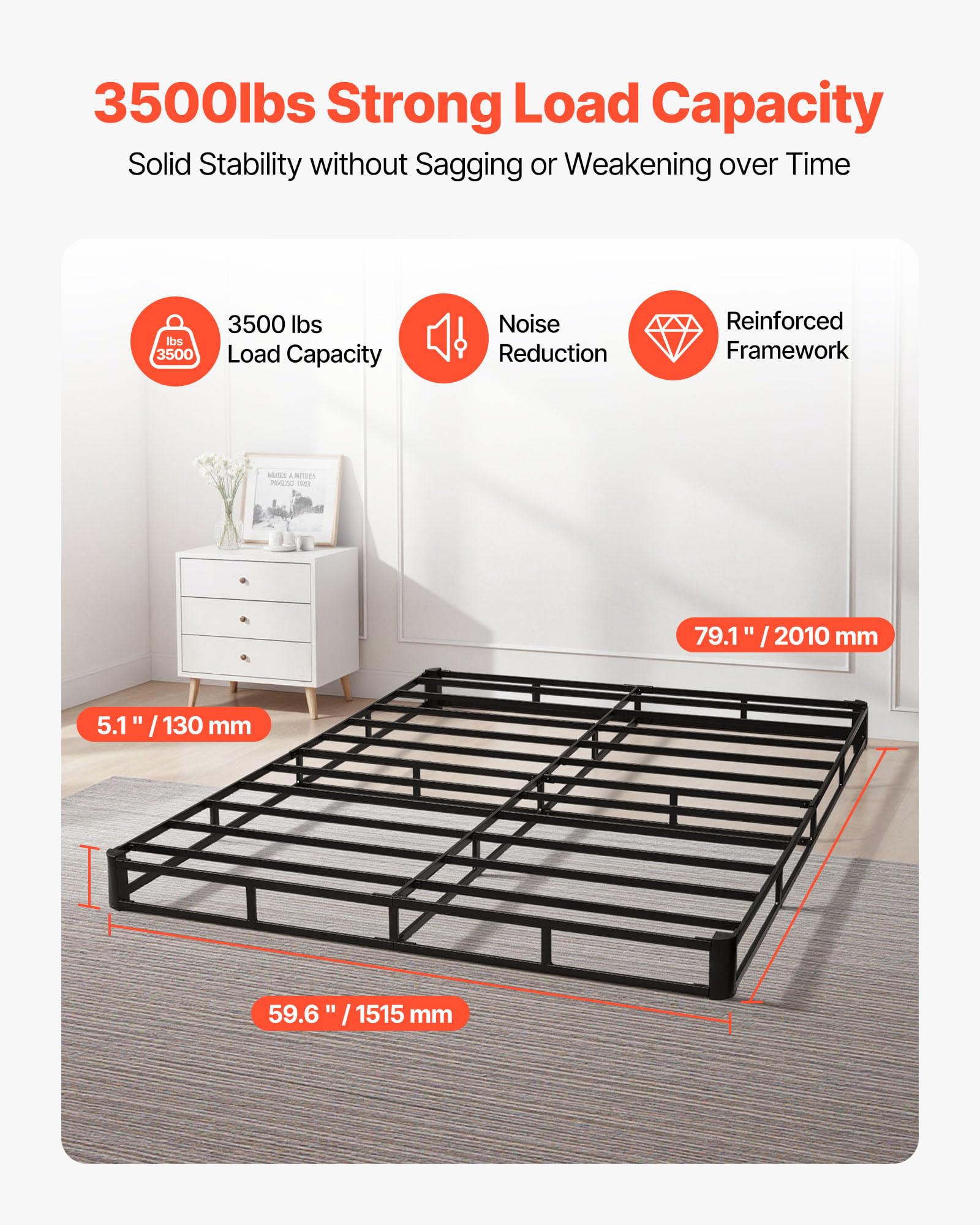 VEVOR Boxspringbettgestell (Queen-Size) mit Waschbarem Stoffbezug, Metallrahmen (2010 x 1515 x 130 mm) für Queensize-Betten, 13 cm Matratzenauflage, Max. Belastbarkeit 1587,57 kg, Matratzenfundament