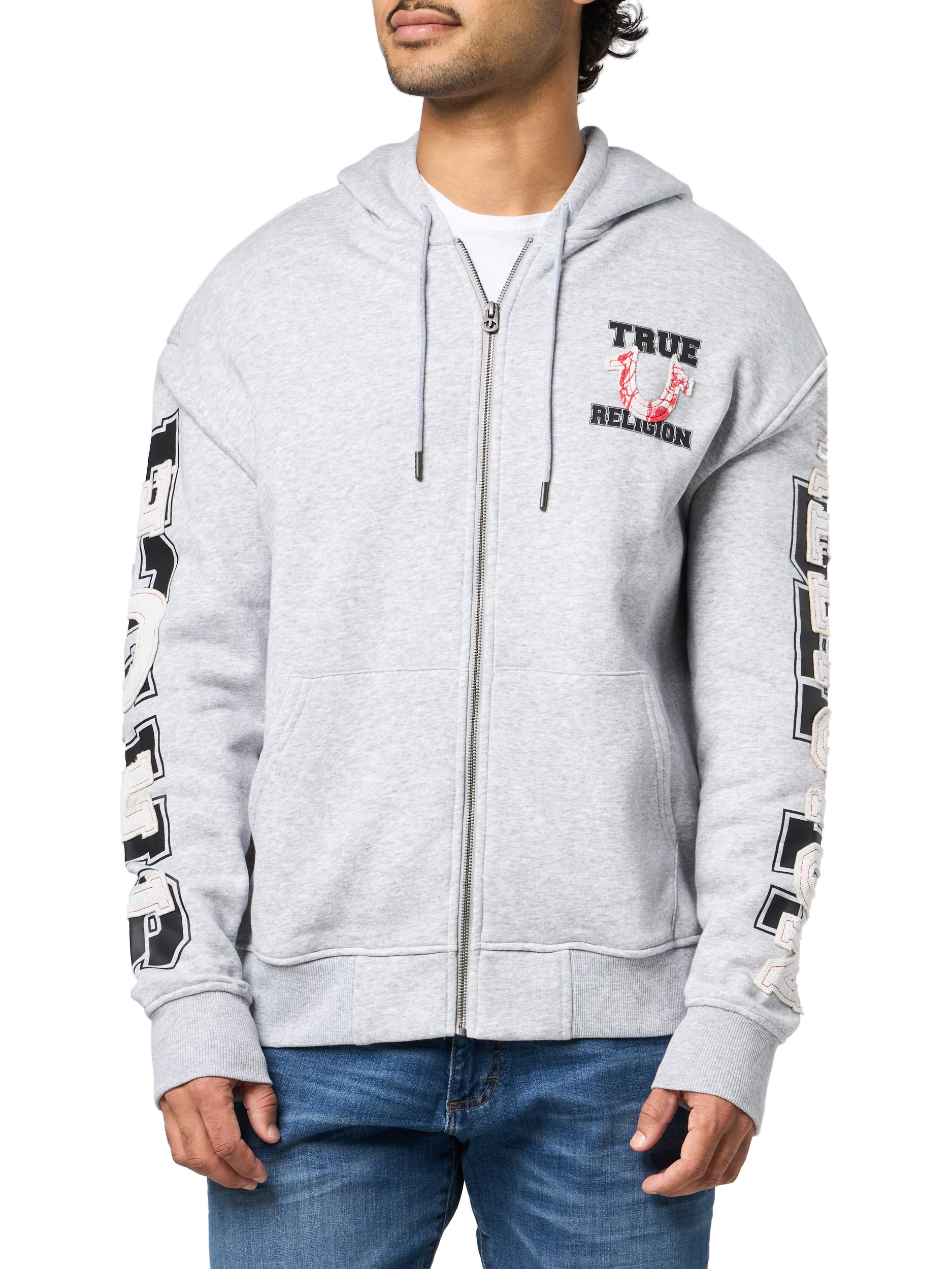 True Religion Men's Heather Grey Terry Applique Relaxed Hoodie – Pullover Sweatshirt, L