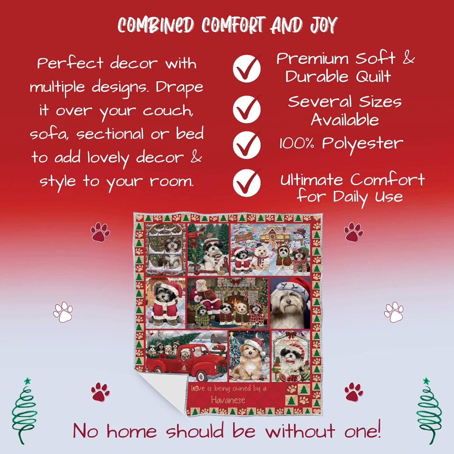 Love is Being Owned Christmas Havanese Dog Quilt Bed Coverlet Bedspread - Pets Comforter Unique One-Side Animal Printing - Soft Lightweight Durable Washable Polyester Quilt, 70"x80"