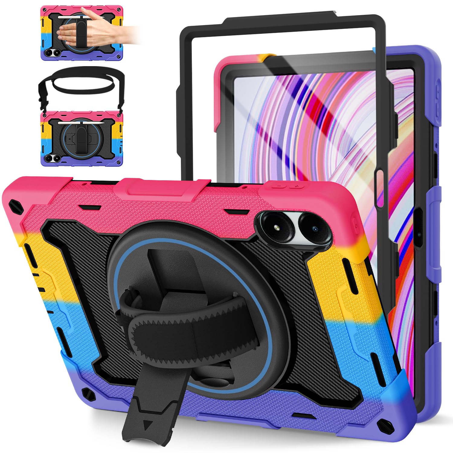 ROSROME für Xiaomi Redmi Pad Pro/Xiaomi Poco Pad 12.1 Zoll 2024 mit HD Displayschutz, 360 Drehbarer Ständer/Schultergurt/Handschlaufe, Heavy Duty Stoßfeste Kinder Hülle mit Stifthalter,Regenbogen