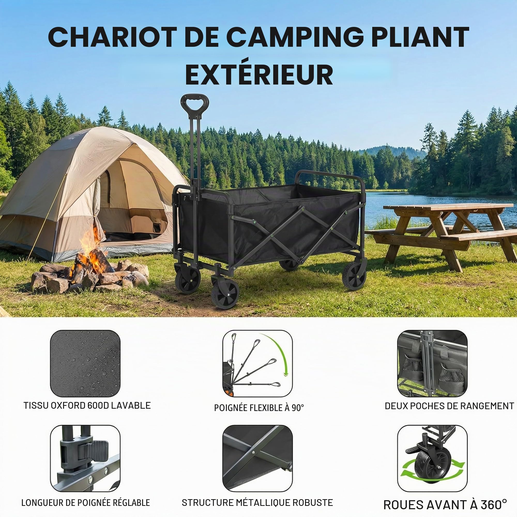 Chariot de Transport Pliable de 100L avec Roues silencieuses, capacité de Charge de 150 kg (330 lbs), pour Jardin, Camping, Shopping et Pique-Nique, Chariot de Transport Pliable avec Roues Stables