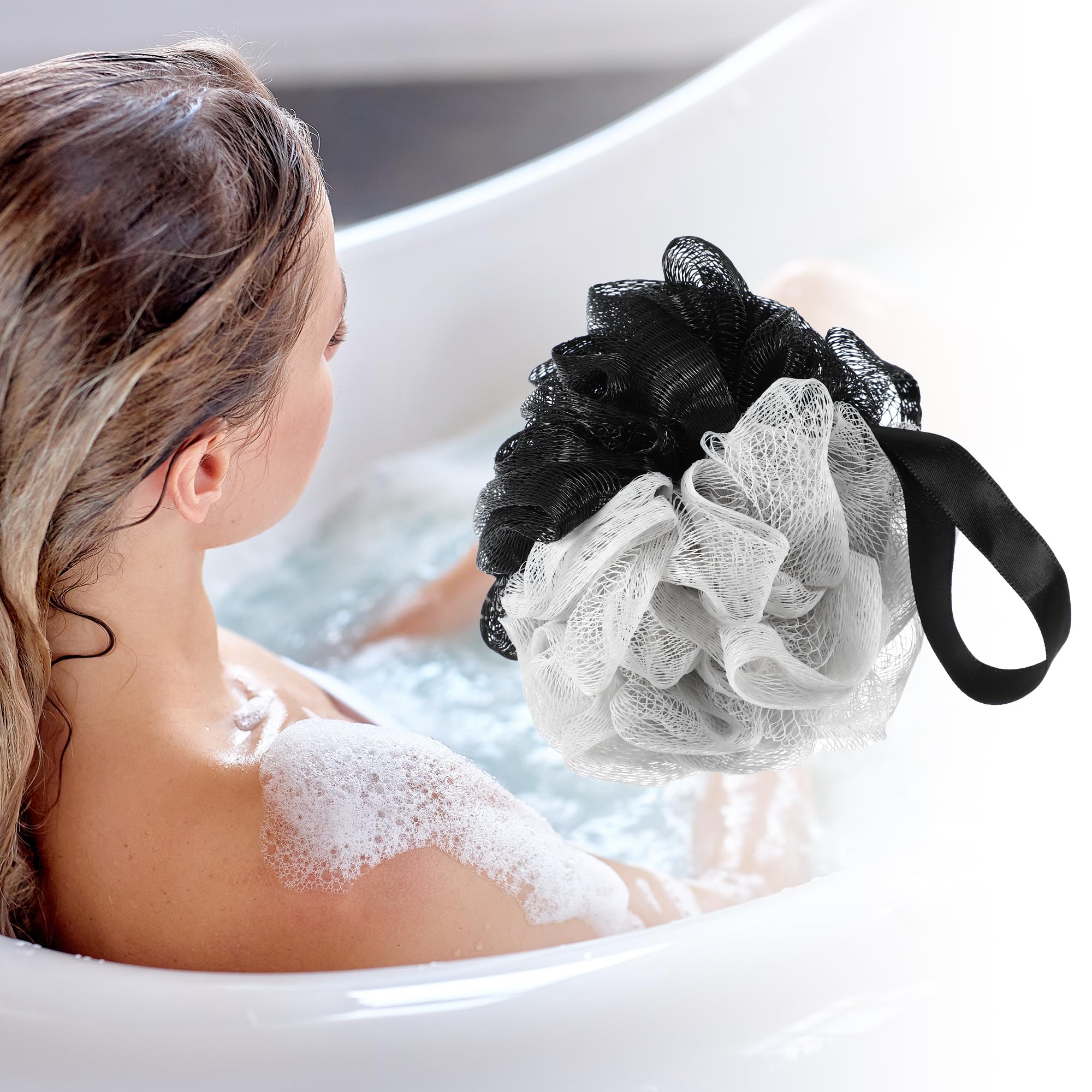 VOCOSTE Bath Shower Loofah Sponge Body Puffs for Bathroom 5.31"x4.33" Gray Black 1 Pc - Image 2