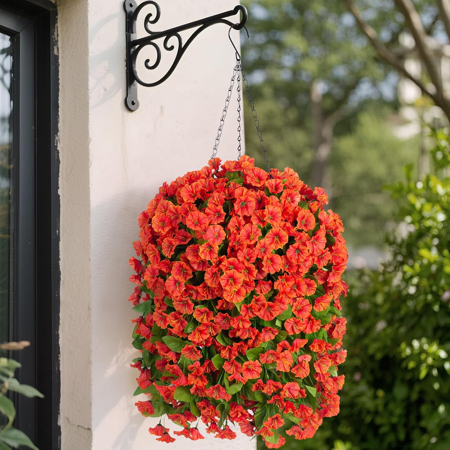 Artificial Faux Hanging Flowers Basket for Fall Outdoor Porch Decor, Fake Silk Colorful Morning Glory Eucalyptus in Planter UV Resistant Look Real for Home Balcony Yard(Orange) - Image 7