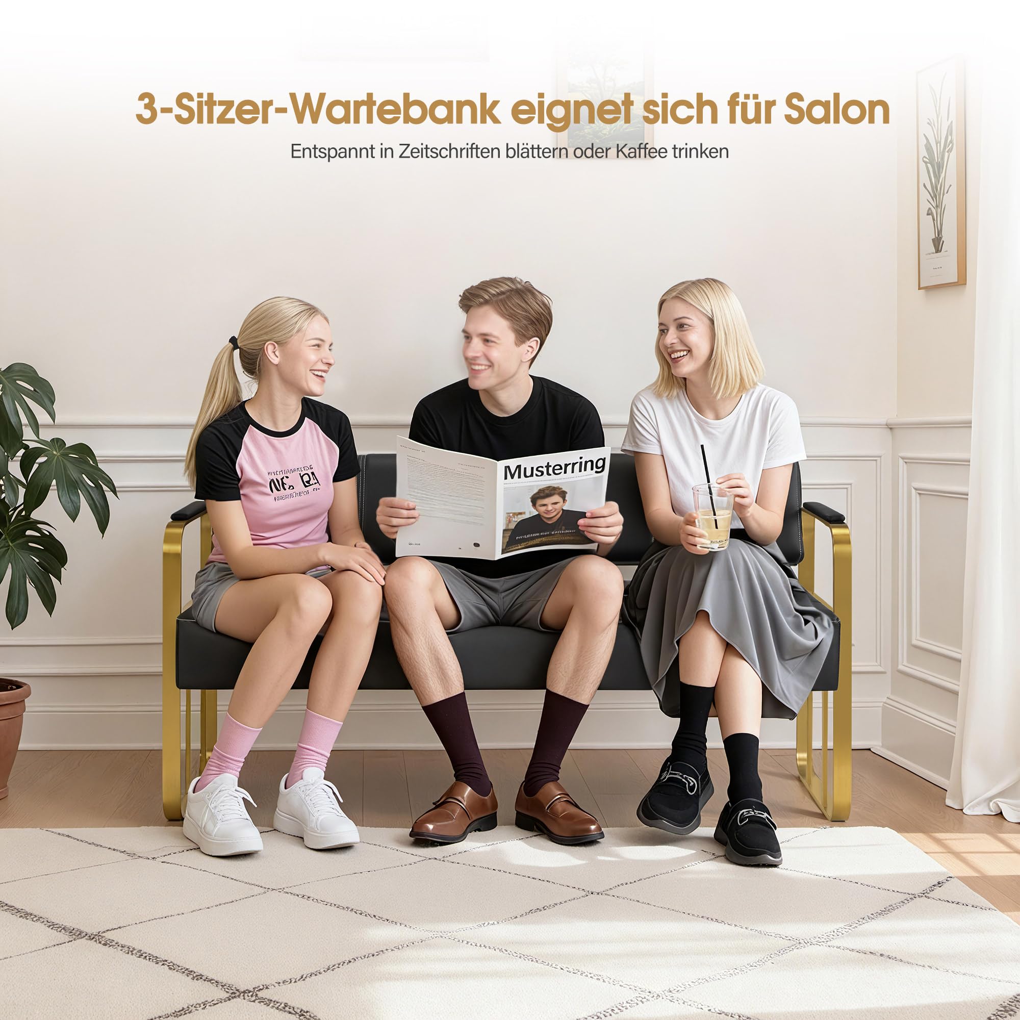 Barberpub 3-Sitzer Sitzbank mit Goldenen Armlehnen, Polsterbank mit Rückenlehne, Sitzbreite 144cm, Wartebank Friseur, Wohnzimmerbank, Friseureinrichtung W528 (Schwarz-Gold/Kunstleder)