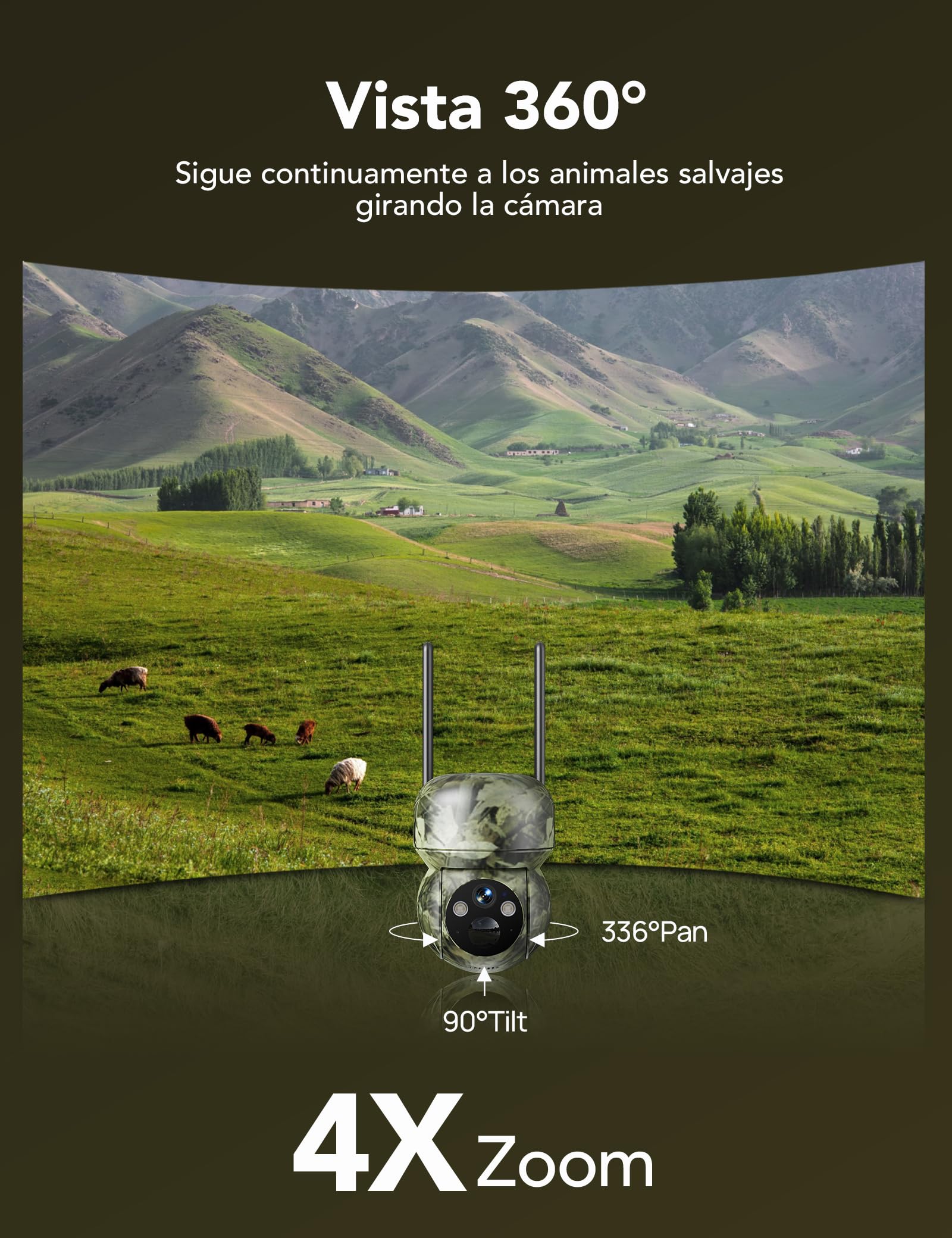 GNCC 4G LTE Camara Fototrampeo de Caza 360°PTZ, 2K Cámara Vigilancia Solar con Tarjeta SIM, Visión Nocturna en Color/Infrarrojos, Audio Bidireccional, IP65 Impermeable, para Caza y Monitoreo Remoto