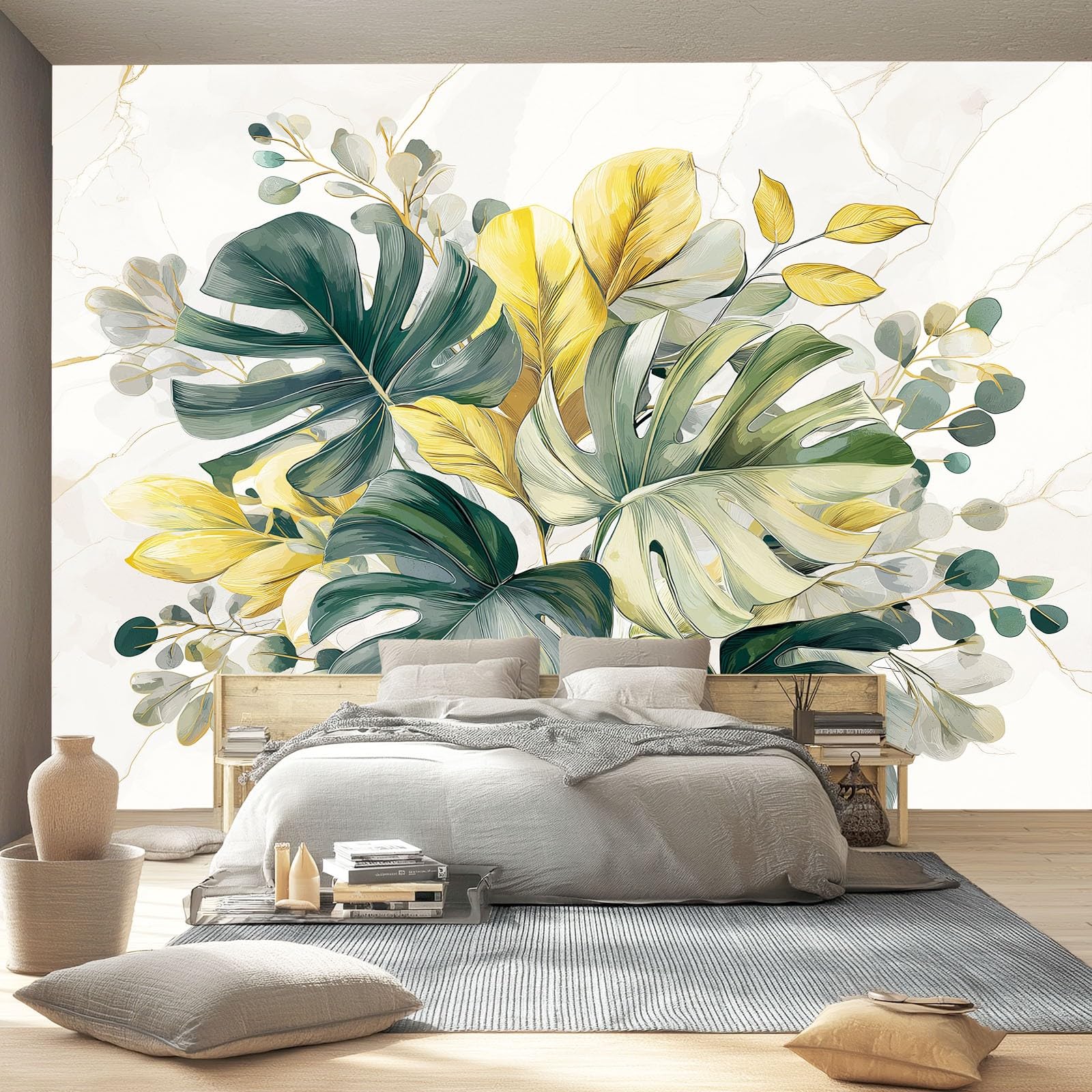 Tapeta 3D włóknina liście 400 x 280 cm styl akwarela botaniczna tapeta dekoracja ścienna do salonu sypialnia żółta zielona