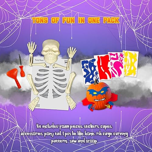 Miniatura 5 de My Hobbies Gifts Paquete de Halloween 4 en 1 kit de tallado de calabaza de dientes Jack o' Lantern, calcomanías de huesos, calcomanías de decoración