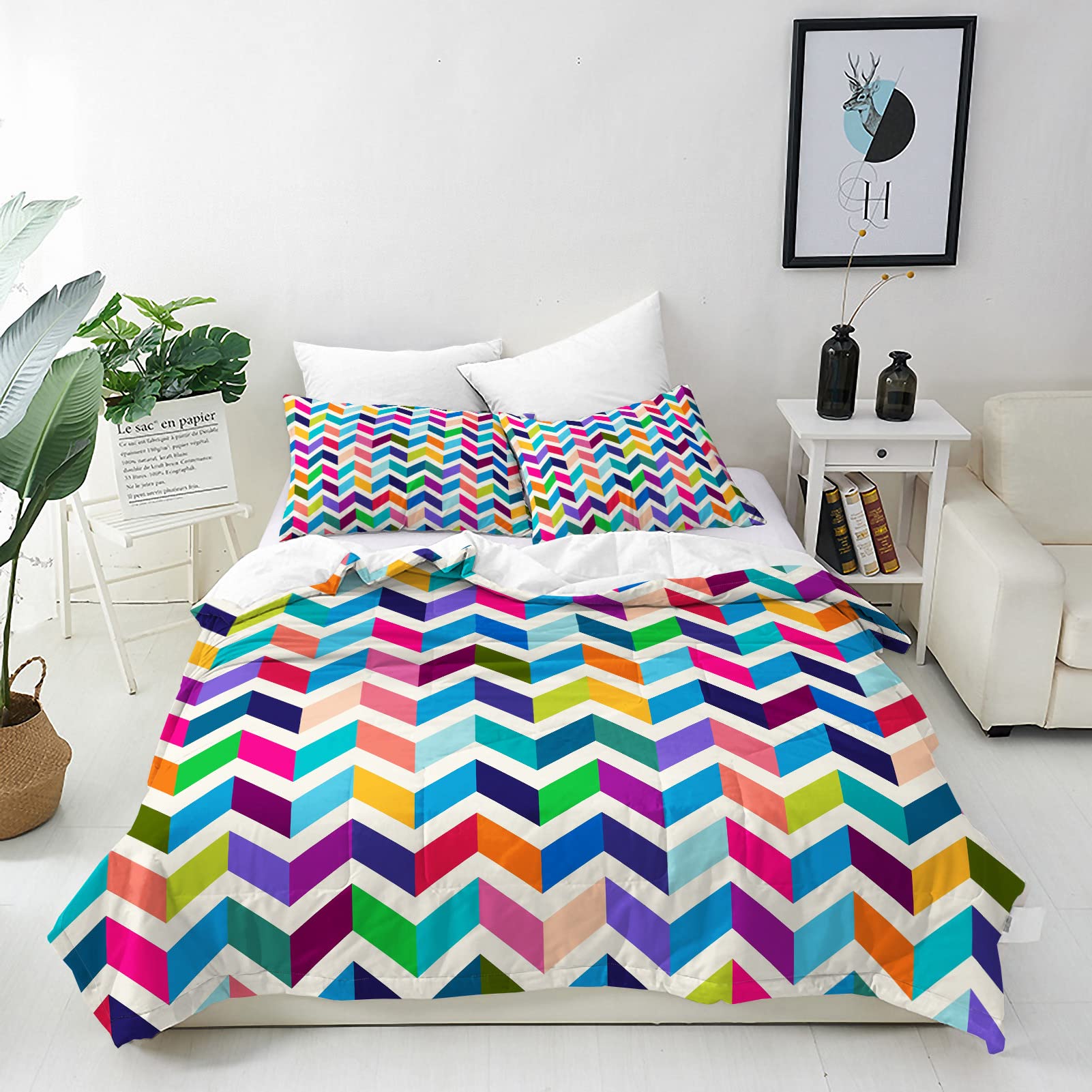 ANHOPE Rainbow Duvet Cover Set 3 Piece Bedding Set with Geometric Chevron Stripes Print Pattern Comforter Cover Pillowcase All Season Quilt Cover with Zipper for Kids Girls Adults Super King โ image 1