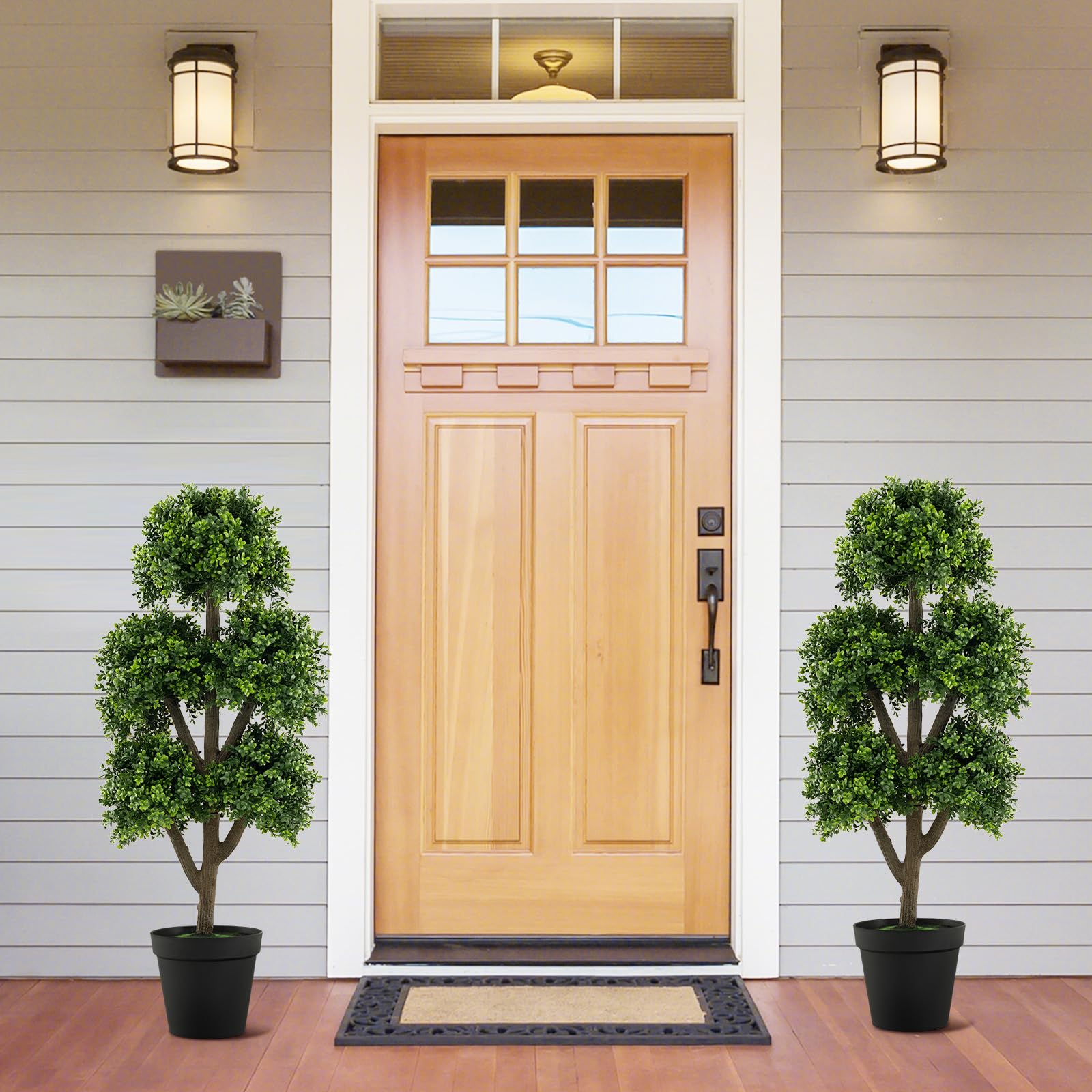 Goplus Artificial Boxwood Topiary Tree, 45” Tall Faux Potted Plants with 5 Ball-Shaped Topiaries, Cement Flowerpot, Fake Evergreen Artificial Topiary for Indoor Outdoor Home Front Porch Decor