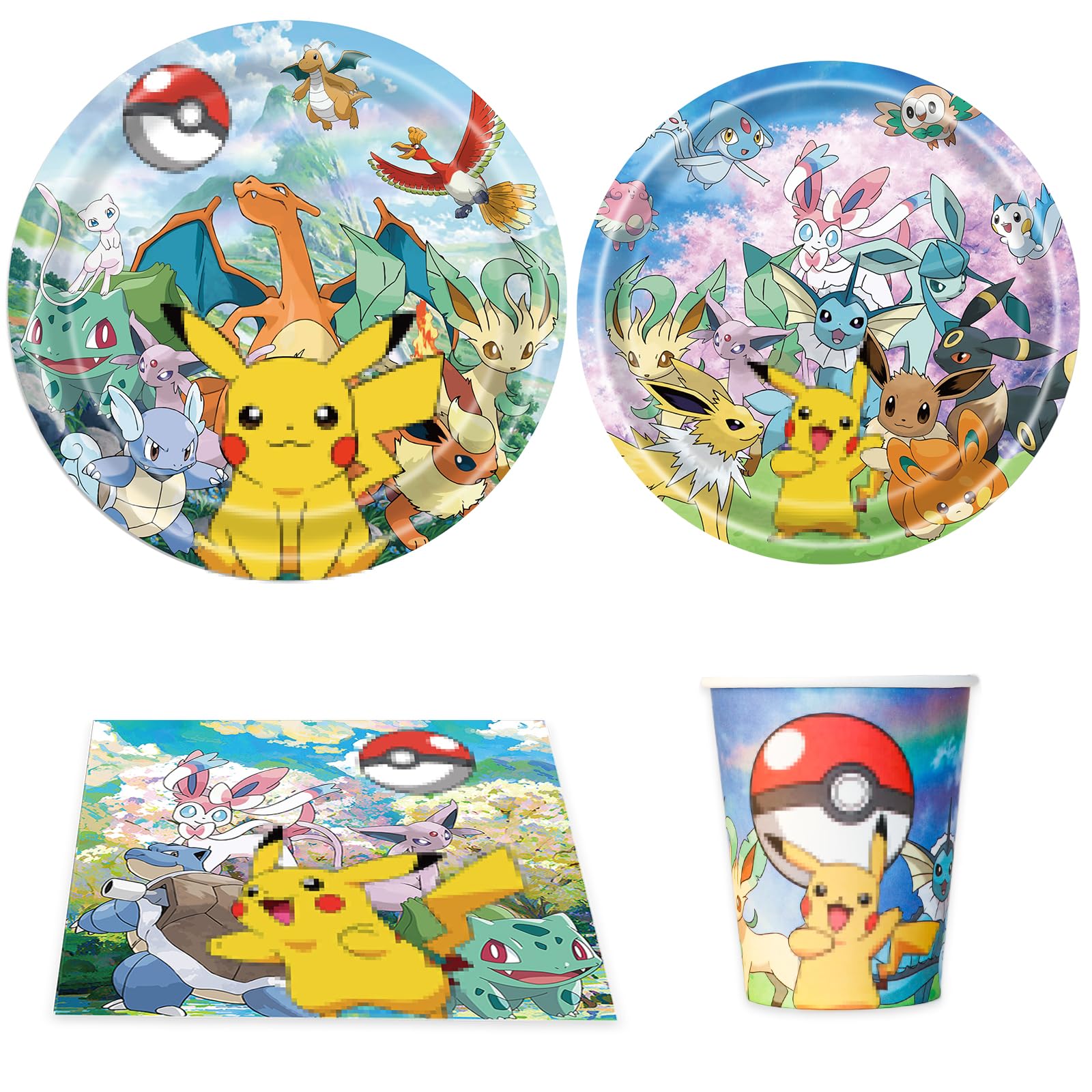GOACRS Pappgeschirr Set, 80 Stück Partygeschirr mit Pappteller Pappbecher Servietten für 20 Gäste, Bunte Papier Teller und Becher, Cartoon Anime Geschirrset für Kindergeburtstag Partydeko Tischdeko