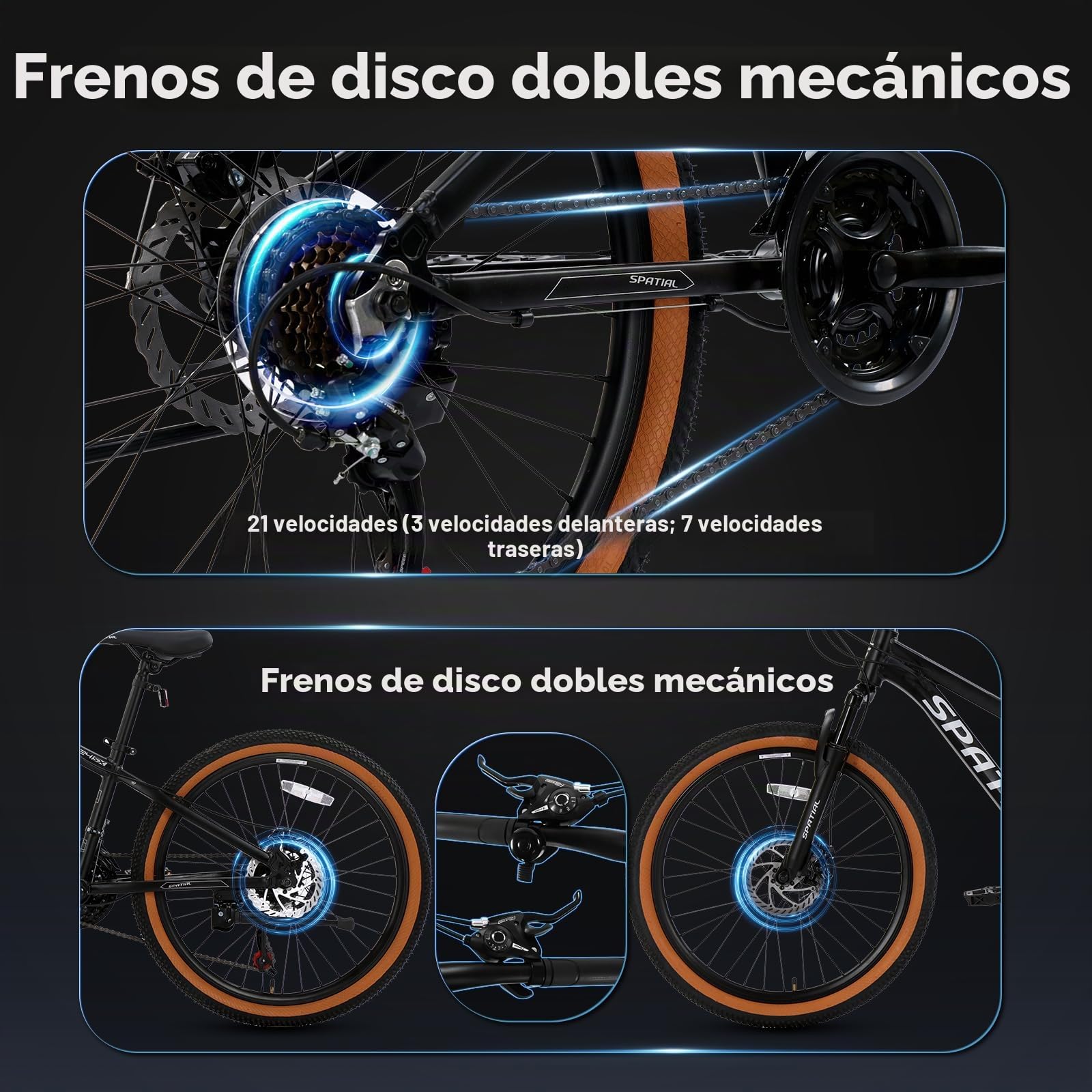 SPATIAL MTB Bicicleta de Montaña para Adultos y Jóvenes - 29/27,5/26/24 Pulgadas, 8/21 Velocidades, Frenos de Disco Mecánicos Dobles, Cuadro de Aluminio, Suspensión Delantera, Asiento Ajustable