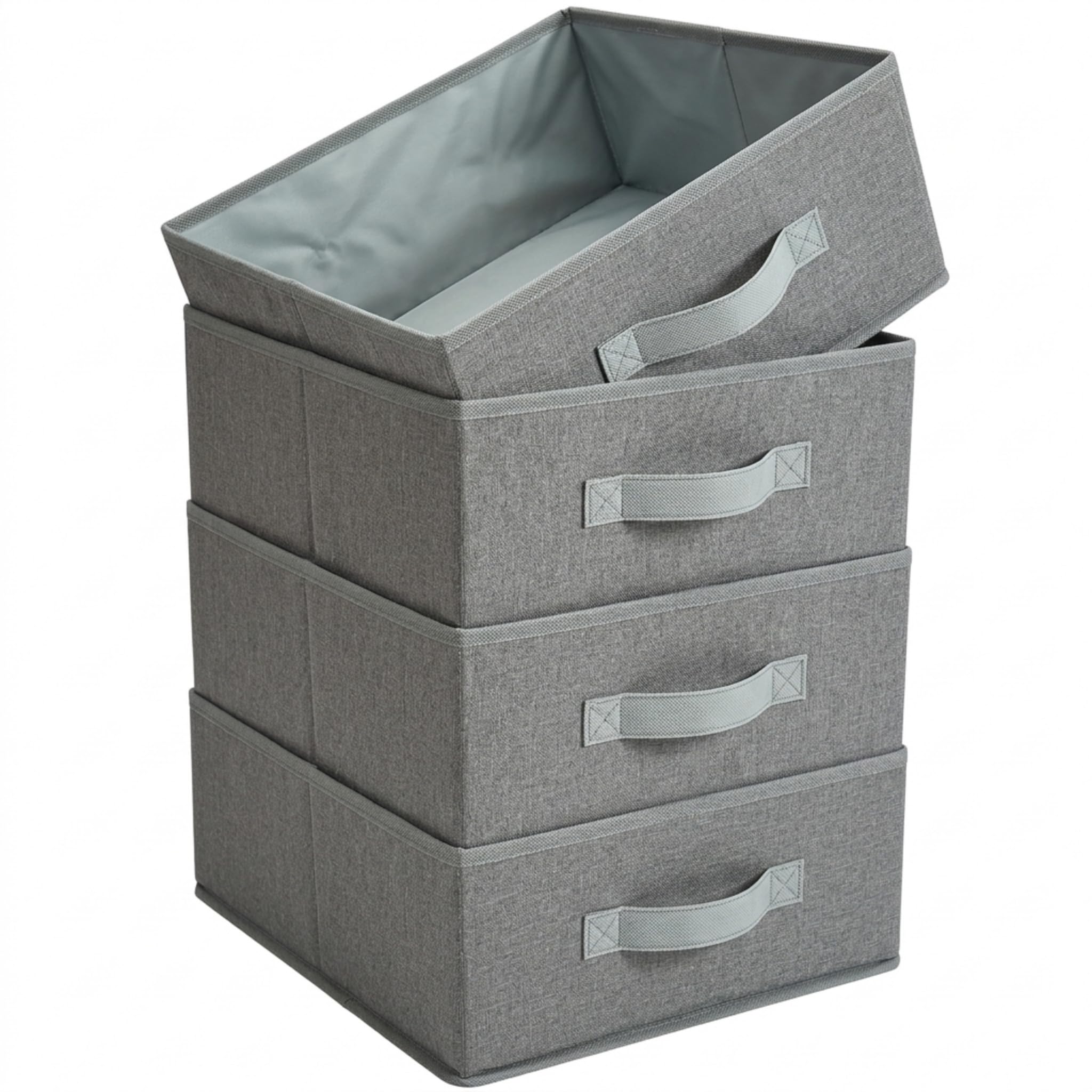 QINGGENG Wardrobe Storage Organiser with Handles, 4 Pack Foldable Clothes Drawer Organiser for Jeans, Trouser, Underwear, Socks, Bras, Stackable Closet Storage Baskets, Grey