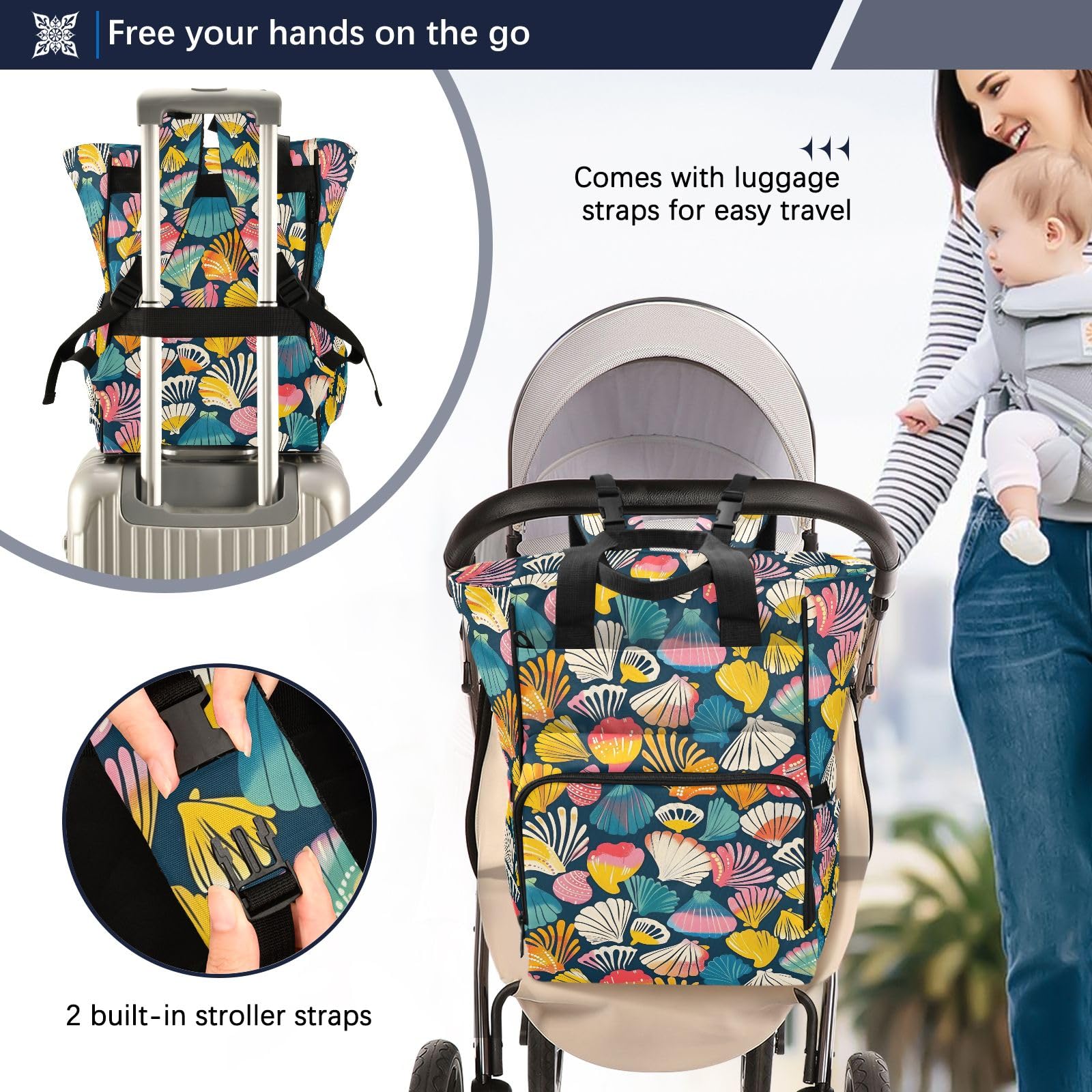 Mnsruu Retro Seamless Shell Baby Diaper Bag Zaino Grande Borsa Impermeabile Viaggio Borse per Pannolini per Mamme e Papà