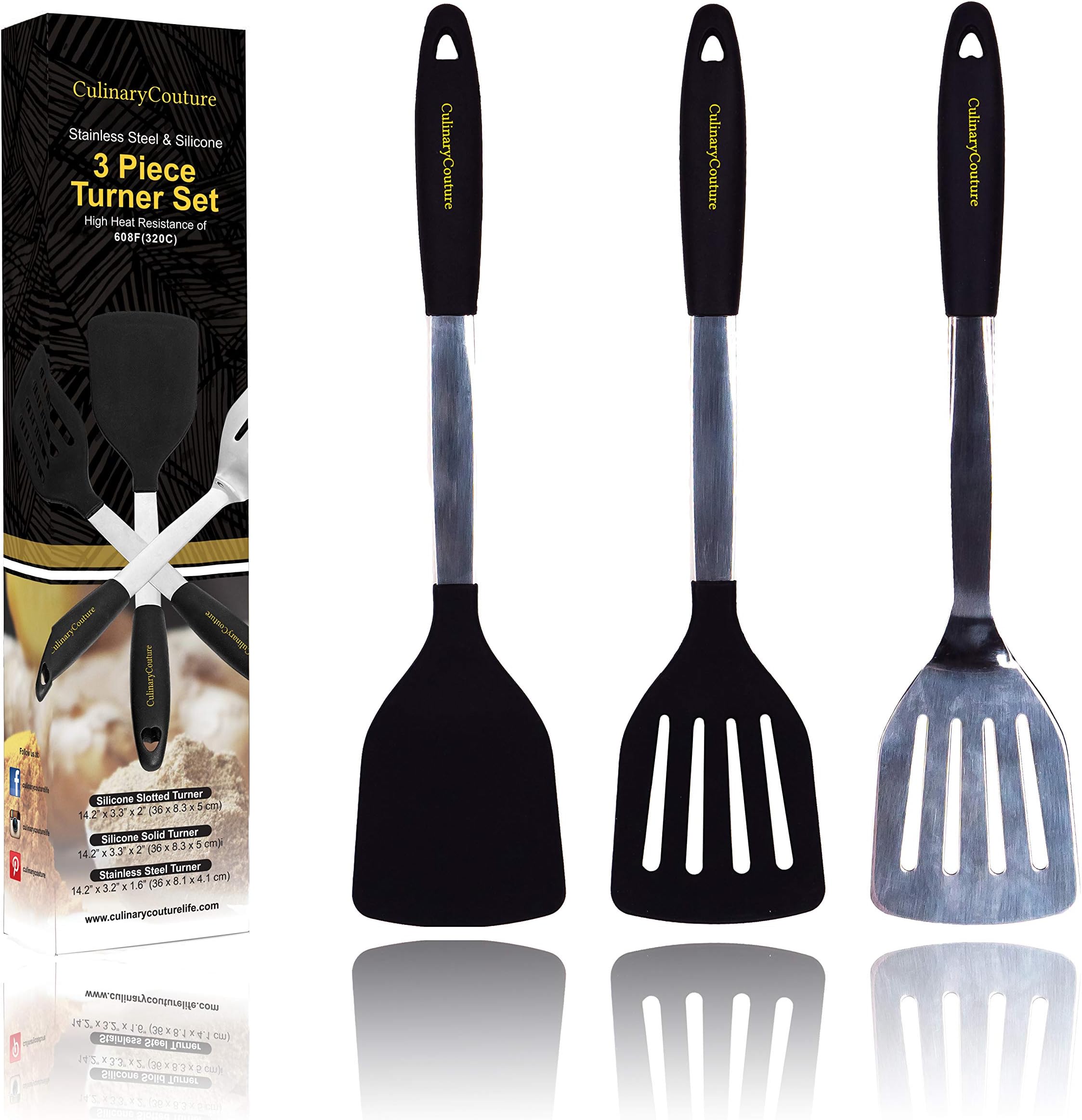 Silicone Spatula Turner Set โ Stainless Steel and Silicone Heat Resistant Kitchen Utensils โ 608F โ Grill Spatula Tools for Bbq - Egg and Pancake Flipper โ Gift Box and Bonus Recipe Ebook