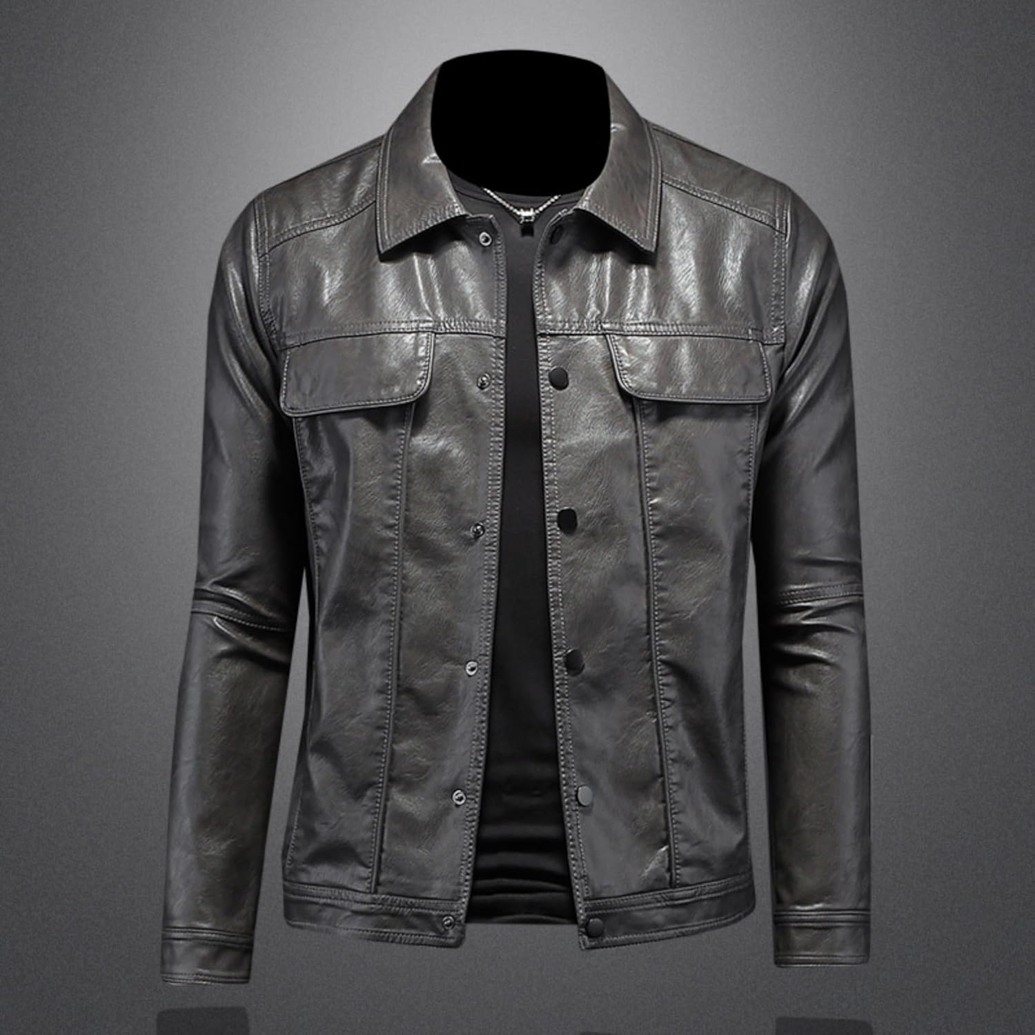 JEShifangjiusu Men's Faux Leather Jacket Lapel Collar Motorcycle Coat Full Zip Faux Leather Bomber Jackets