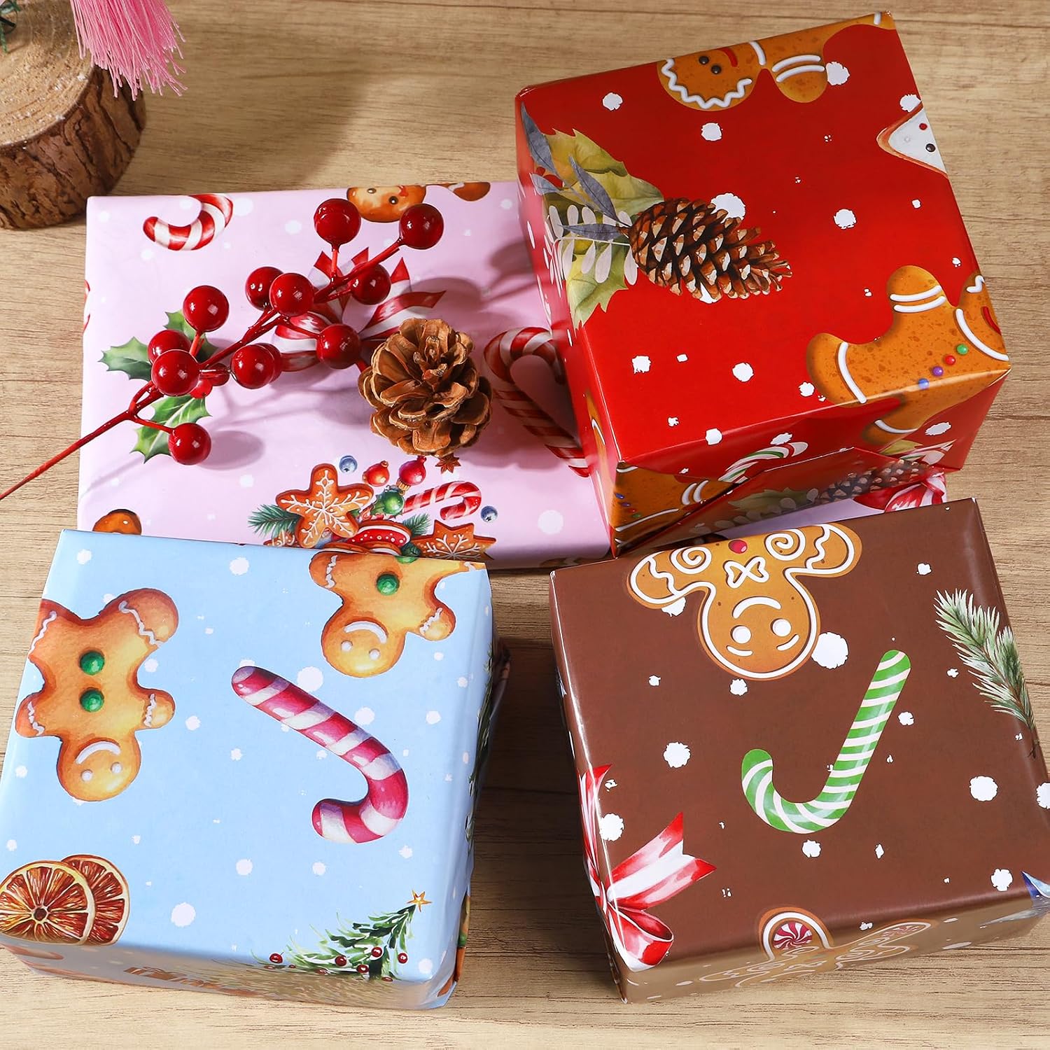 TAKEALOOKO Christmas Gingerbread Wrapping Paper - 12 Sheets Vintage Candy Cane & Snowflake Xmas Gift Wrap for Holiday Birthday Party Winter Celebration, 19.7 x 27.6 Inch