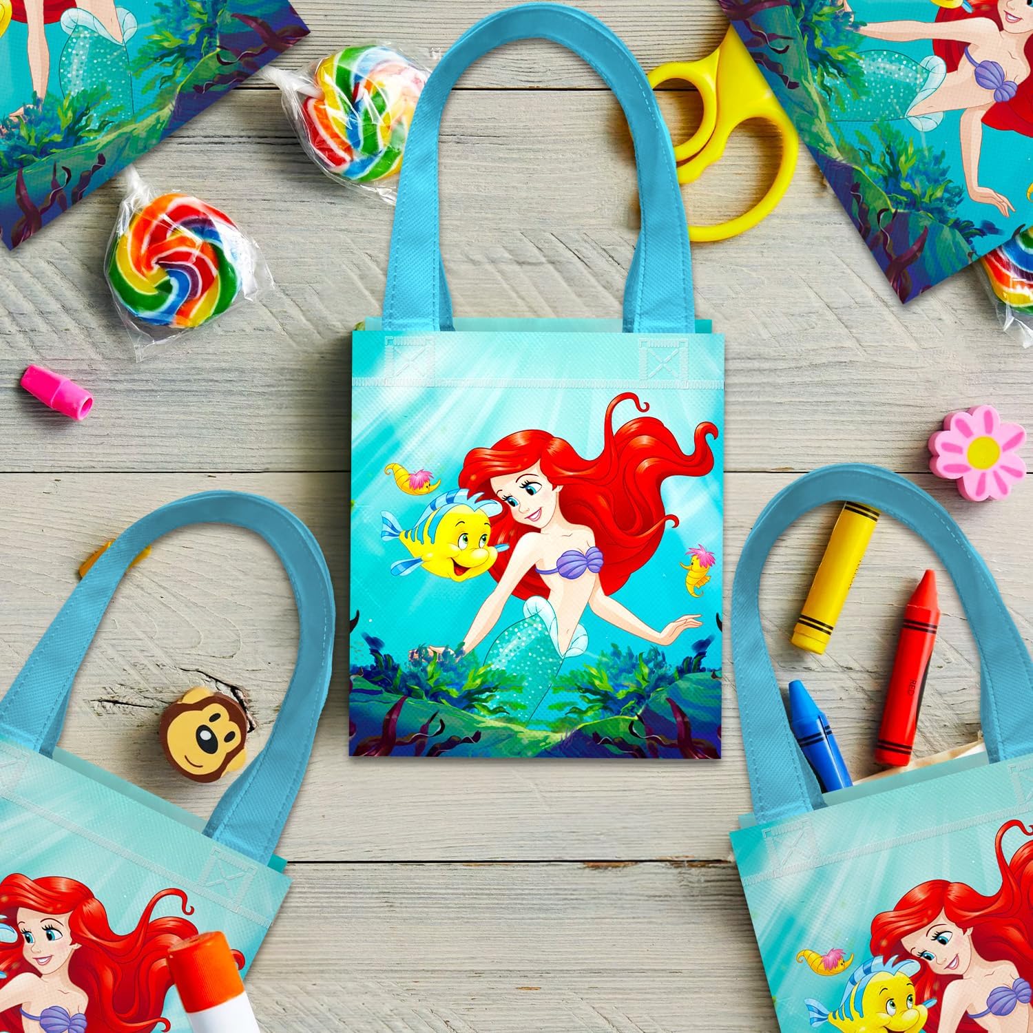 Little Mermaid Party Favor Bags Set – 24 Pack 8" Disney Princess Ariel Goodie Bags for Kids Bulk Reusable Mini Totes | Disney Little Mermaid Birthday Party Supplies