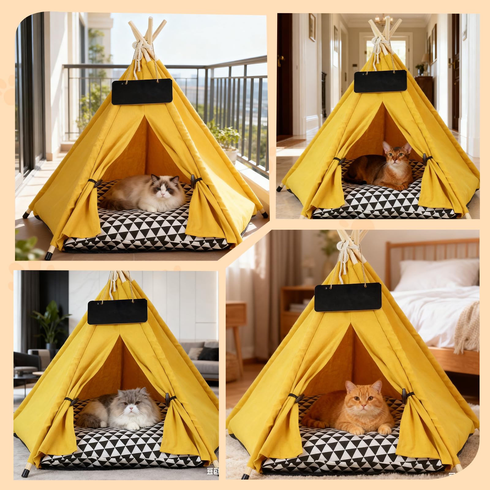 PETCUTE Tente Tipi pour Animaux de Compagnie,Niches pour Chiens avec Coussin Amovible et Lavable,Maisons pour Chat avec Poteaux en Bois,Tente Tipi Portable pour Chiens et Chats,L