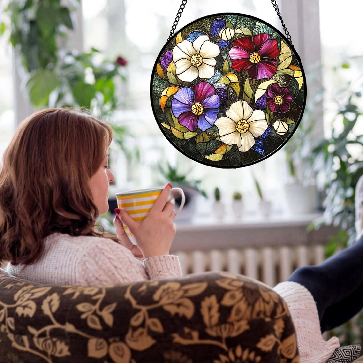Stained Glass Window Hanging - Primrose Birth Flower Suncatcher for Doors Garden Yard RetroSun Catchers Decor Christmas Mother's Day Birthday Gifts for Teacher Women Mom Nana 15 in