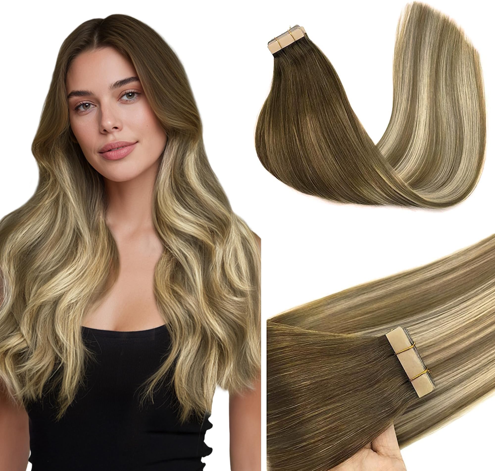 GOO GOO Tape in Hair Extensions Real human hair 20pcs 50g 45cm Balayage Walnut Brown to Ash Brown and Bleach Blonde Real Remy Hair Extensions Seamless Straight Human Hair Extensions