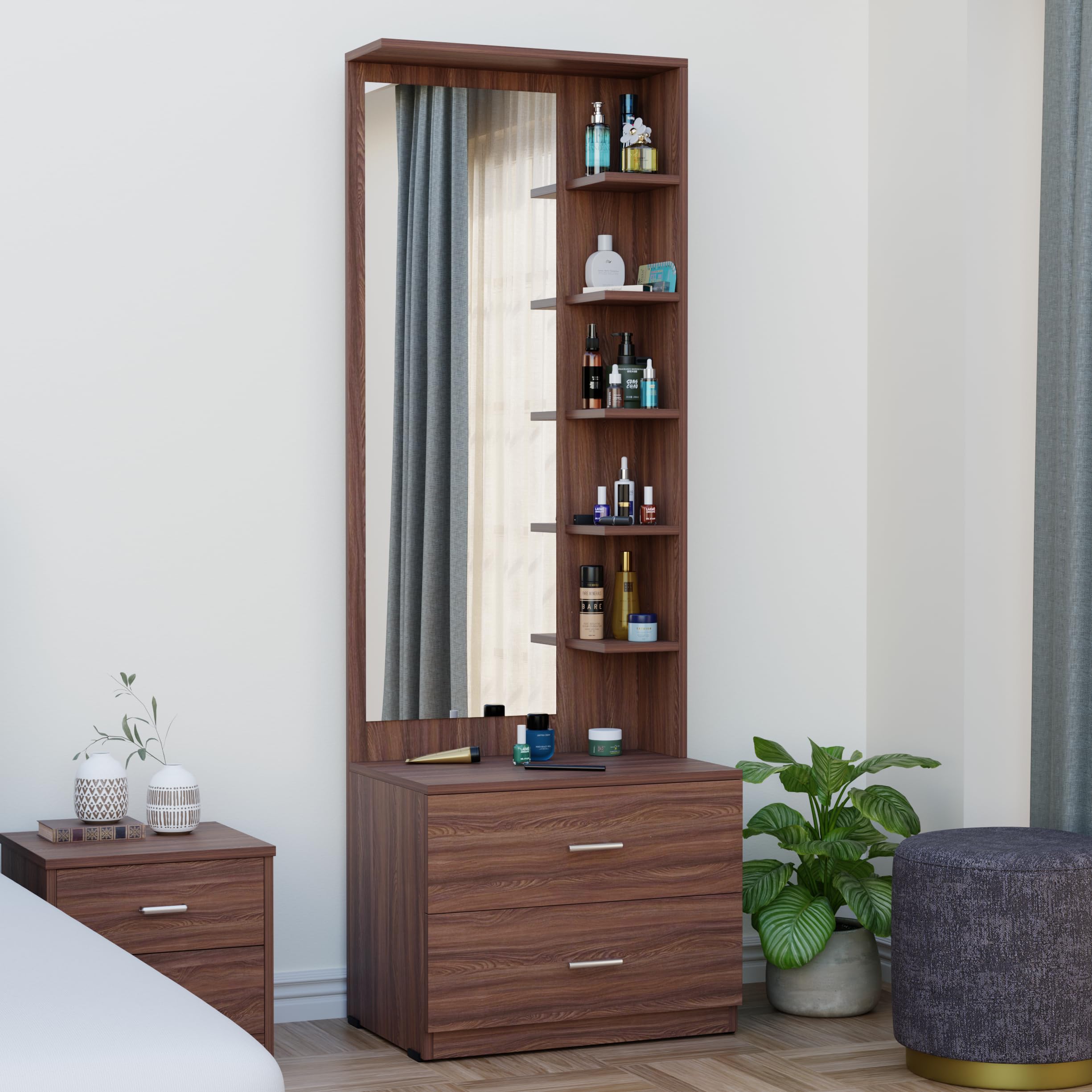 WoodExpress Wooden Dressing Table with Mirror and Storage | Engineered Wood Dressing Table with 5 Shelves & 2 Drawer, Vanity Table for Bedroom, Living Room, and Home - (Walnut Finish)