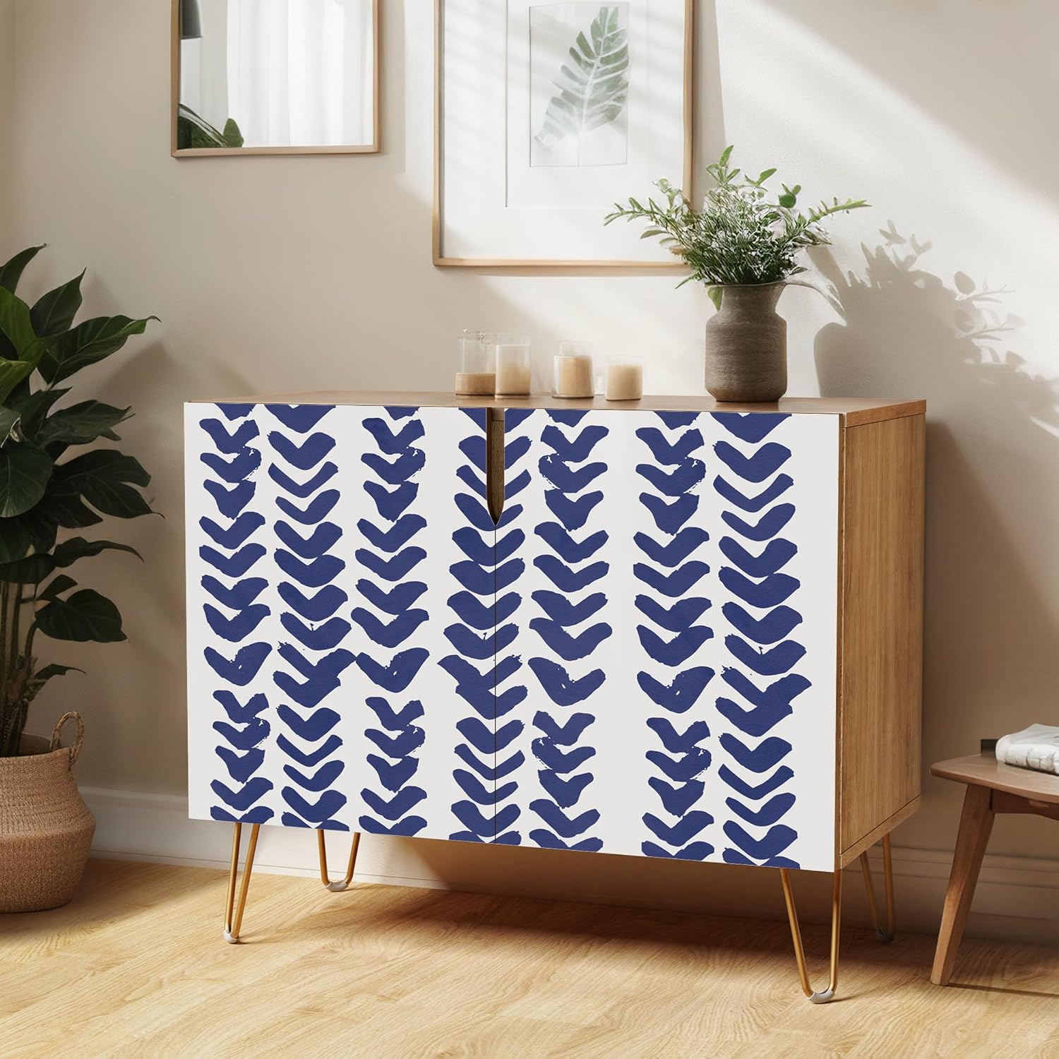 SIGNWIN Sideboard Buffet Cabinet, Kitchen Storage Cabinet with 2 Doors, Blue & White Geometric Paint Strokes, Cupboard Console Table for Dining Room - 35" L x 18" W x 29" H