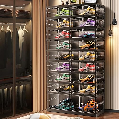 Miniatura 6 de Zapatero plegable de 9 niveles para armario, entrada, 18 a 36 pares, cajas apilables transparentes de almacenamiento de zapatos con puerta,