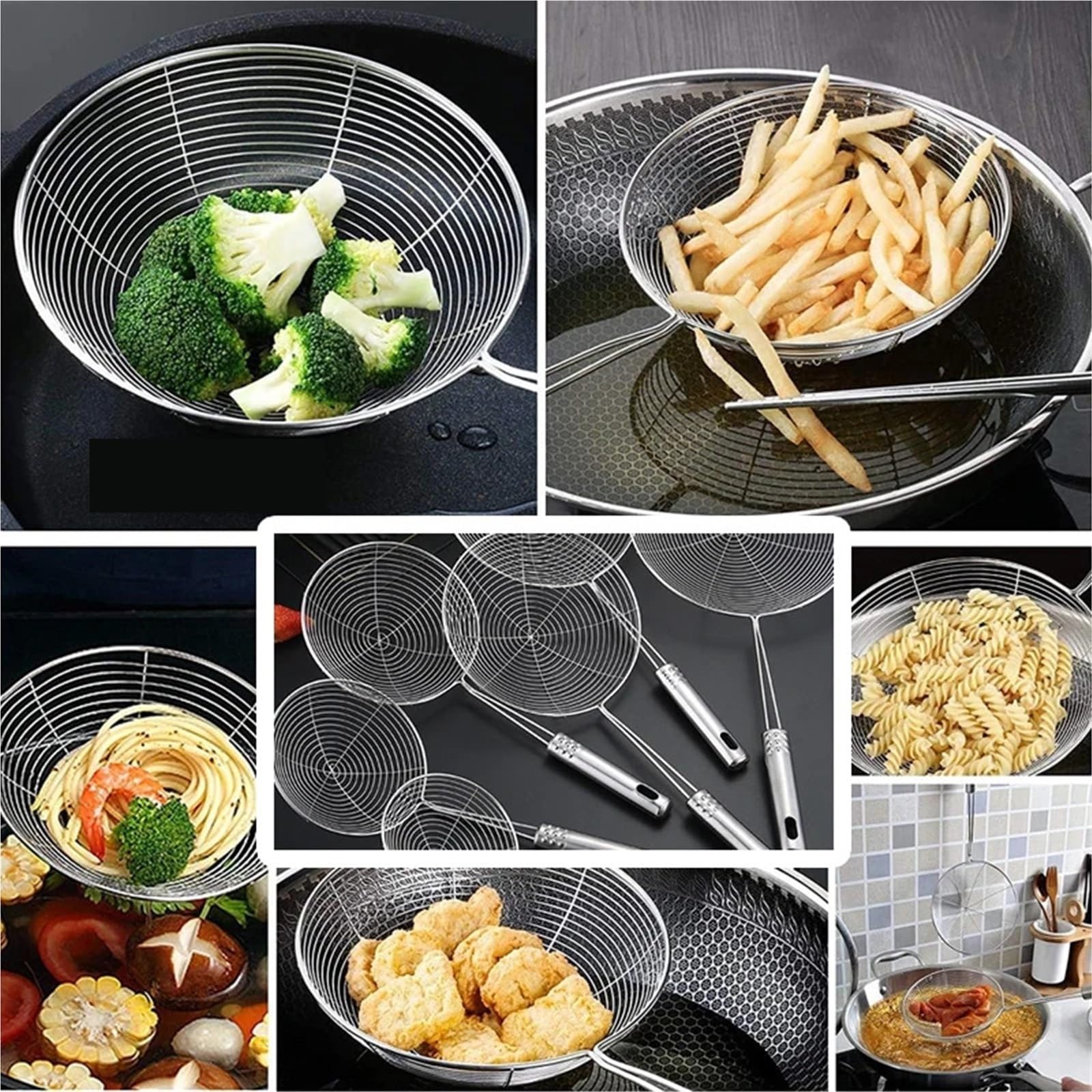 2 pezzi di schiumarola in acciaio inossidabile, colino solido, mestolo, utensile da cucina in, for frittura pesce Per Alimenti(41cm)
