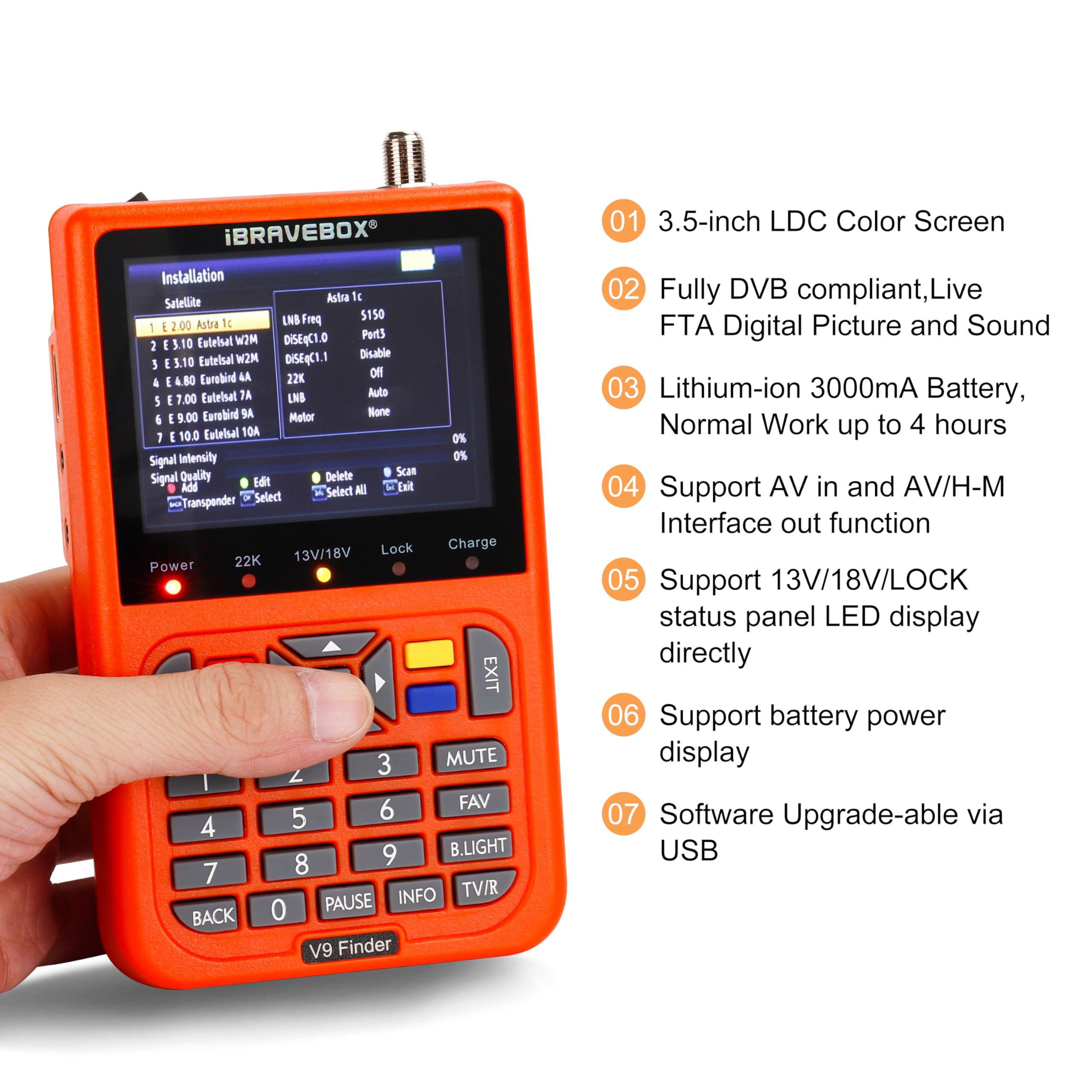 Cercatore Di Satelliti Digitale V9 – Display LCD 3.5’’ Full HD, DVB-S/S2, H.265, Batteria Li-ion 3000mAh - 2